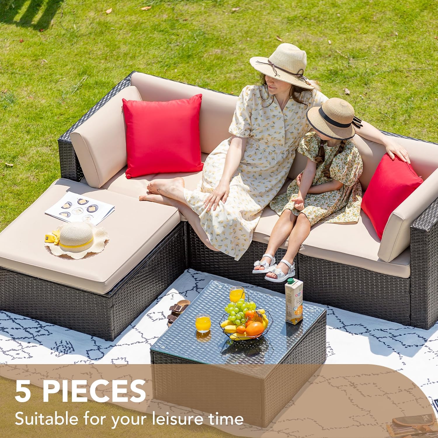 5-Piece All-Weather Patio Furniture Set with Cushions, Outdoor Wicker Conversation Sofa Set for Garden, Deck & Backyard - Image 10