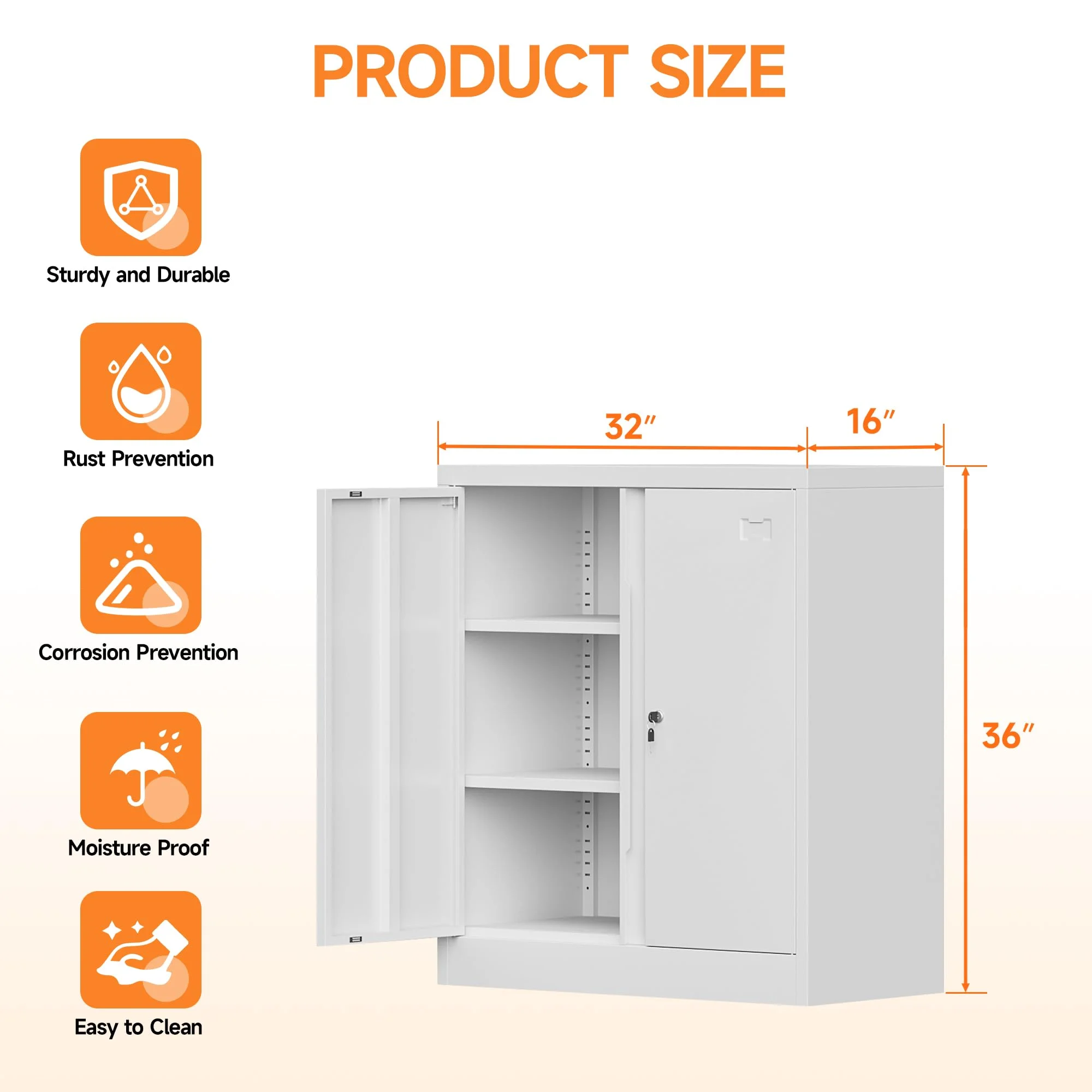 Metal Storage Cabinet, Metal Garage Storage Cabinet with 2 Doors and 2 Adjustable Shelves, Metal Cabinet Great for Garage, Home, Office, Warehouse (White, 36 inch) - Image 5