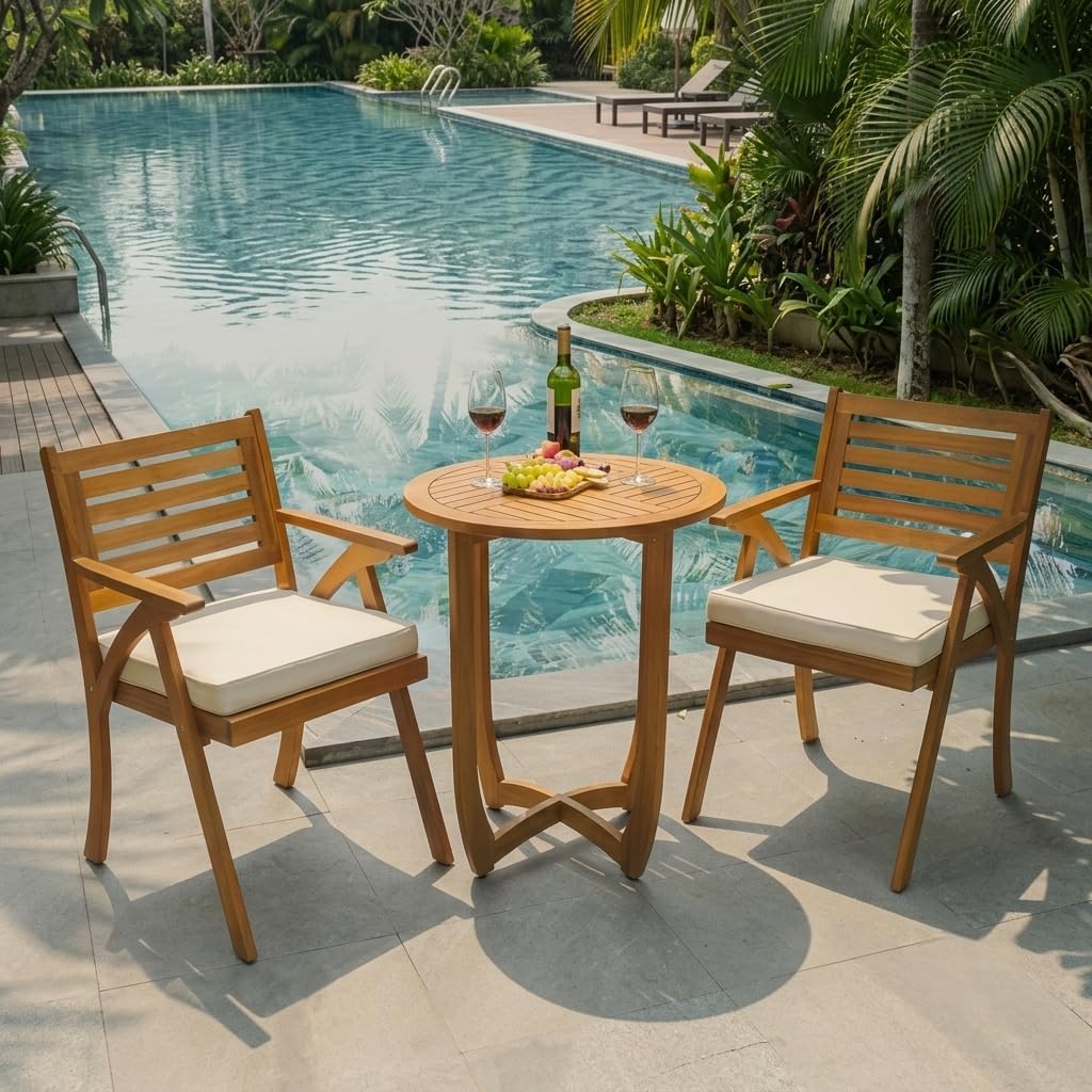 Heavy Duty 400lbs Capacity Patio Bistro Sets, 3 Piece Outdoor Folding Chairs with Cushions and Square Table, FSC-Certified Acacia Wood, Space-Saving Design for Balcony, Garden and Porch - Image 7