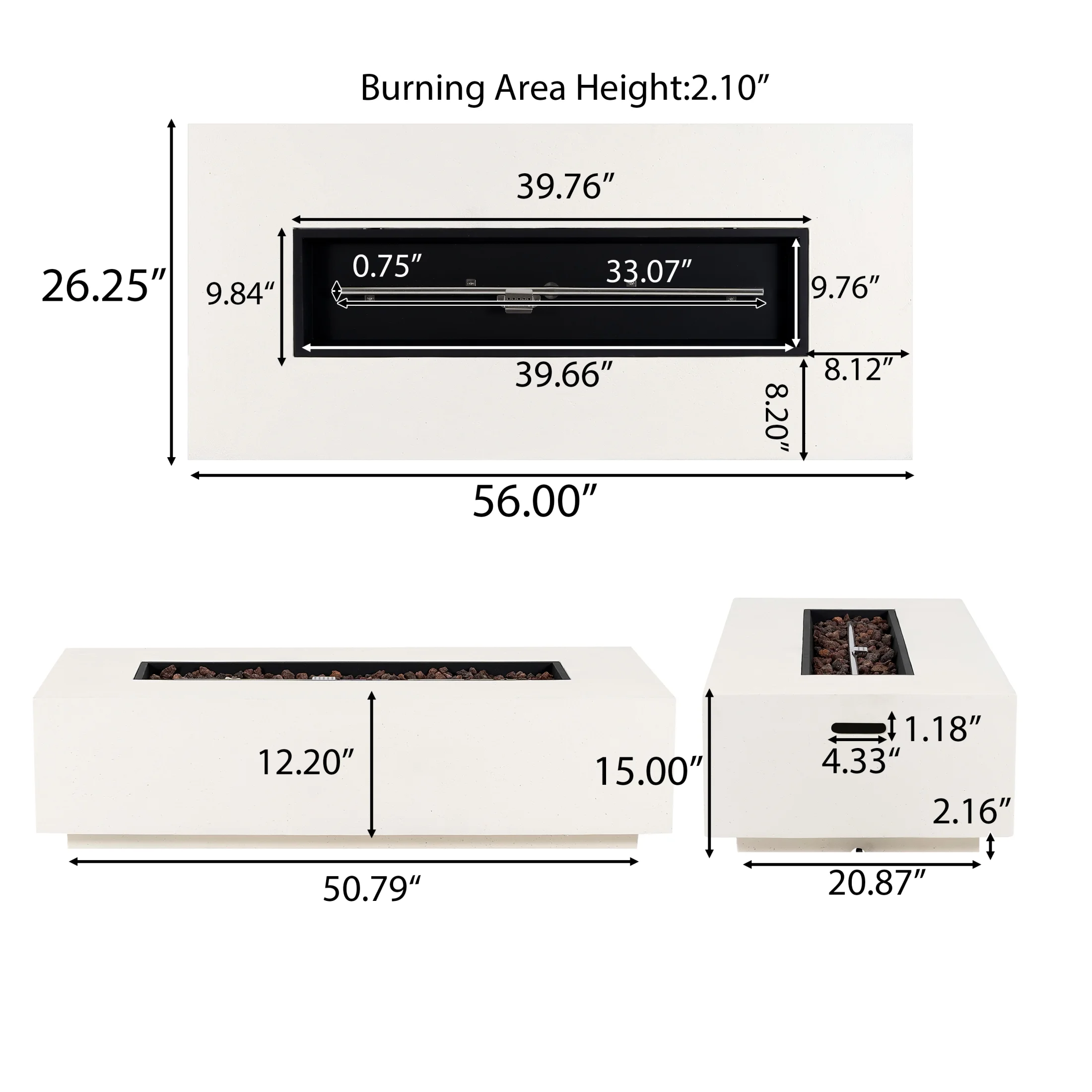 Christopher Knight Home Modern Outdoor 56" Rectangular Propane Fire Pit, 50,000 BTU, White MGO, (No Tank Cover) - Image 5