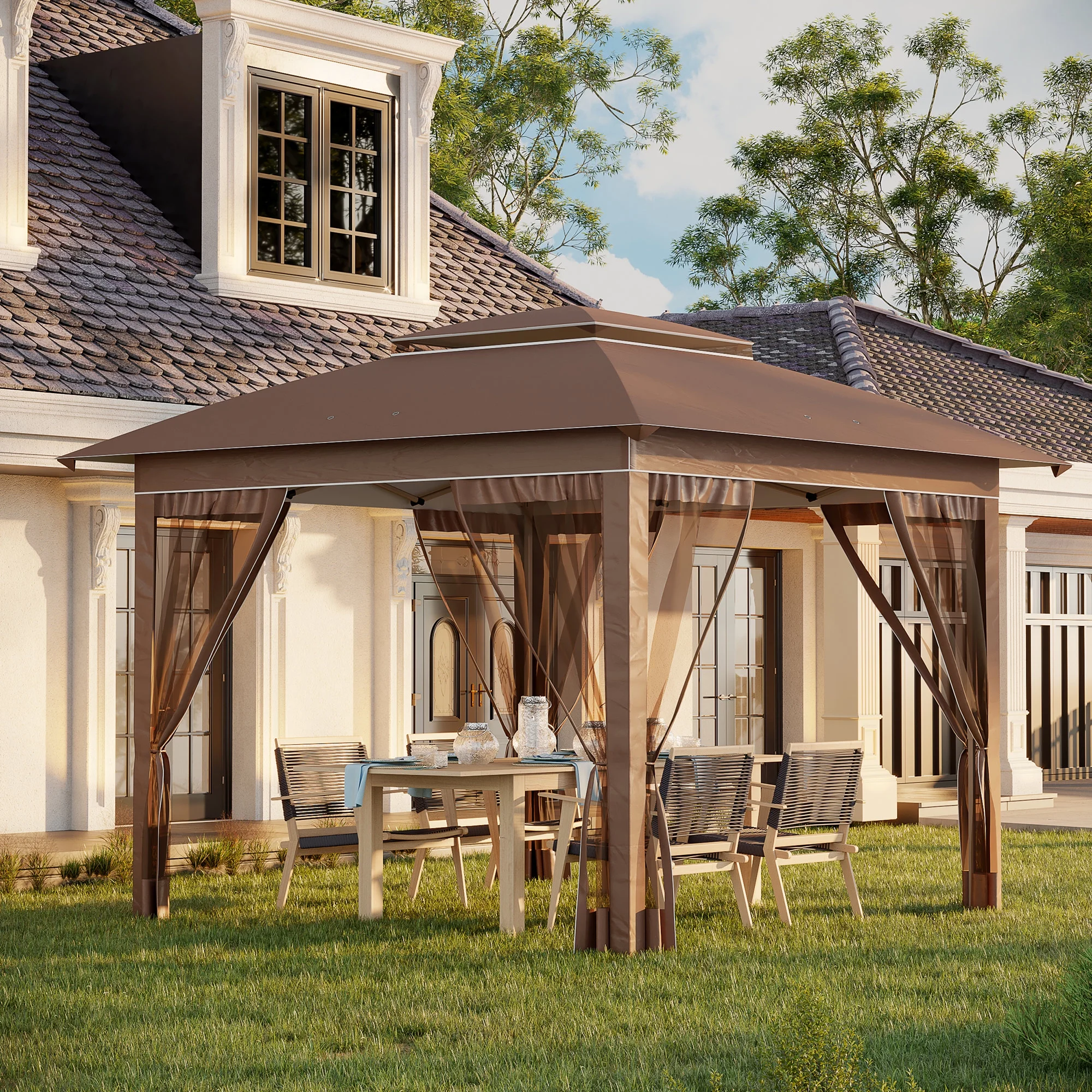 Outdoor Umbrellas Outsunny 12' x 12' Pop Up Canopy Tent with Netting and Carry Bag, Instant Sun Shelter with 137 sq.ft Shade, Tents for Parties, Height Adjustable, for Outdoor, Garden, Patio, Khaki,P - Image 2