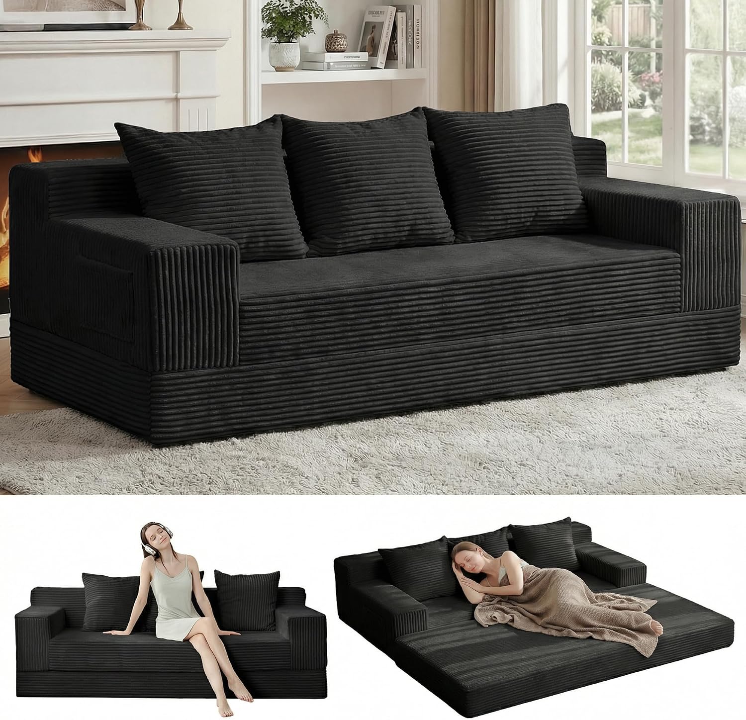 Convertible Sofa Bed, Loveseat Folding Floor Futon Sleeper Sofa Couch Bed- Boneless Foldable Couch, Corduroy Pull Out Sofa Bed with 2 Pillows for Living Room & Bedroom - Image 11
