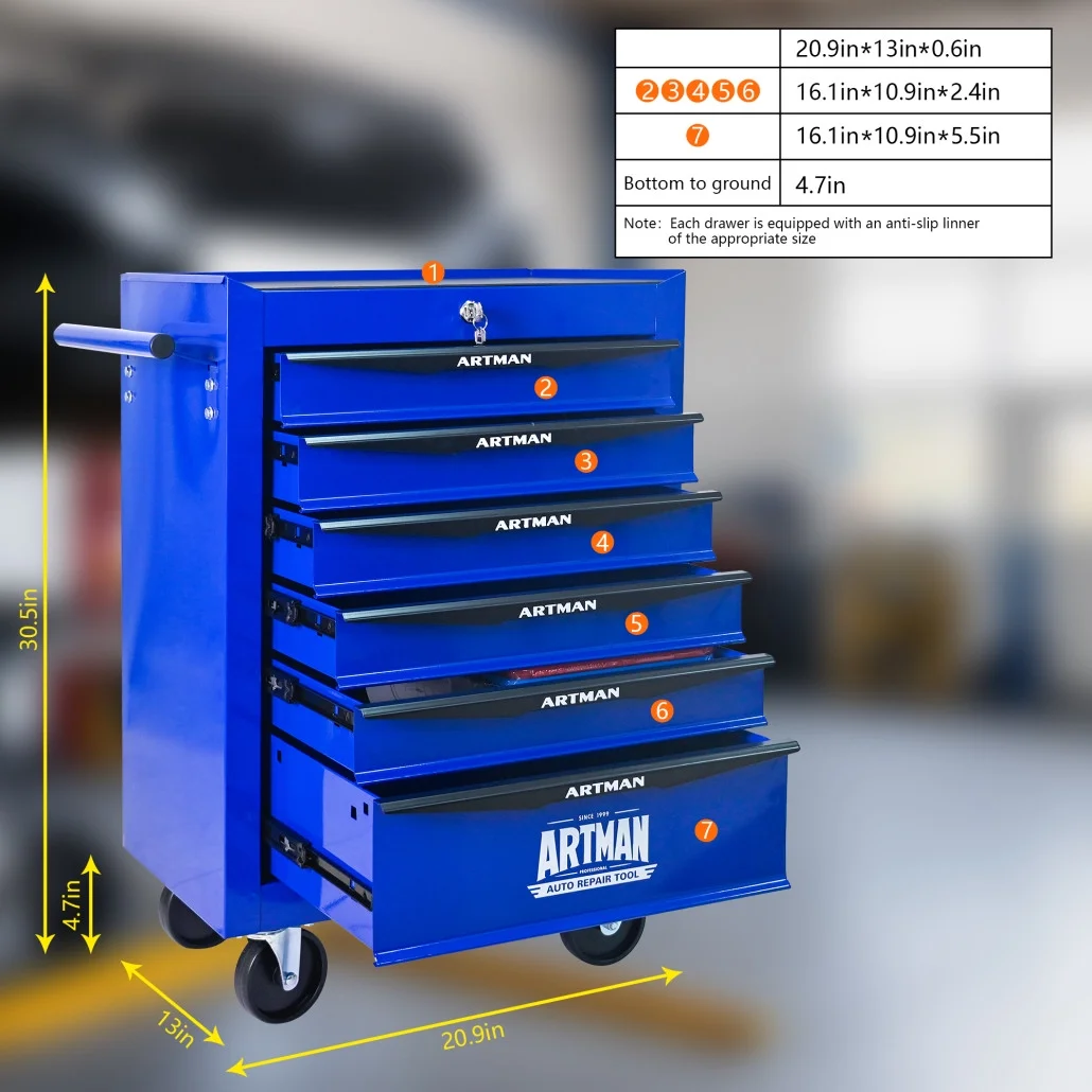 Rolling Steel Tool Chest with 7 Drawers, Ball Bearing Slides & 4-Wheel Mobility - Lockable Storage Cabinet for Workshop or Garage - Image 15