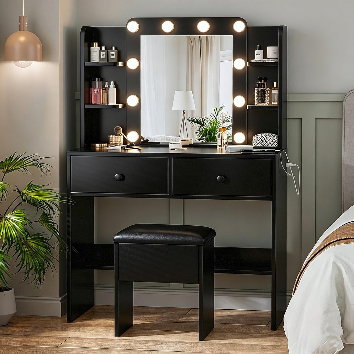 Makeup Vanity Desk with Lighted Mirror and Chair Set, White - Image 2