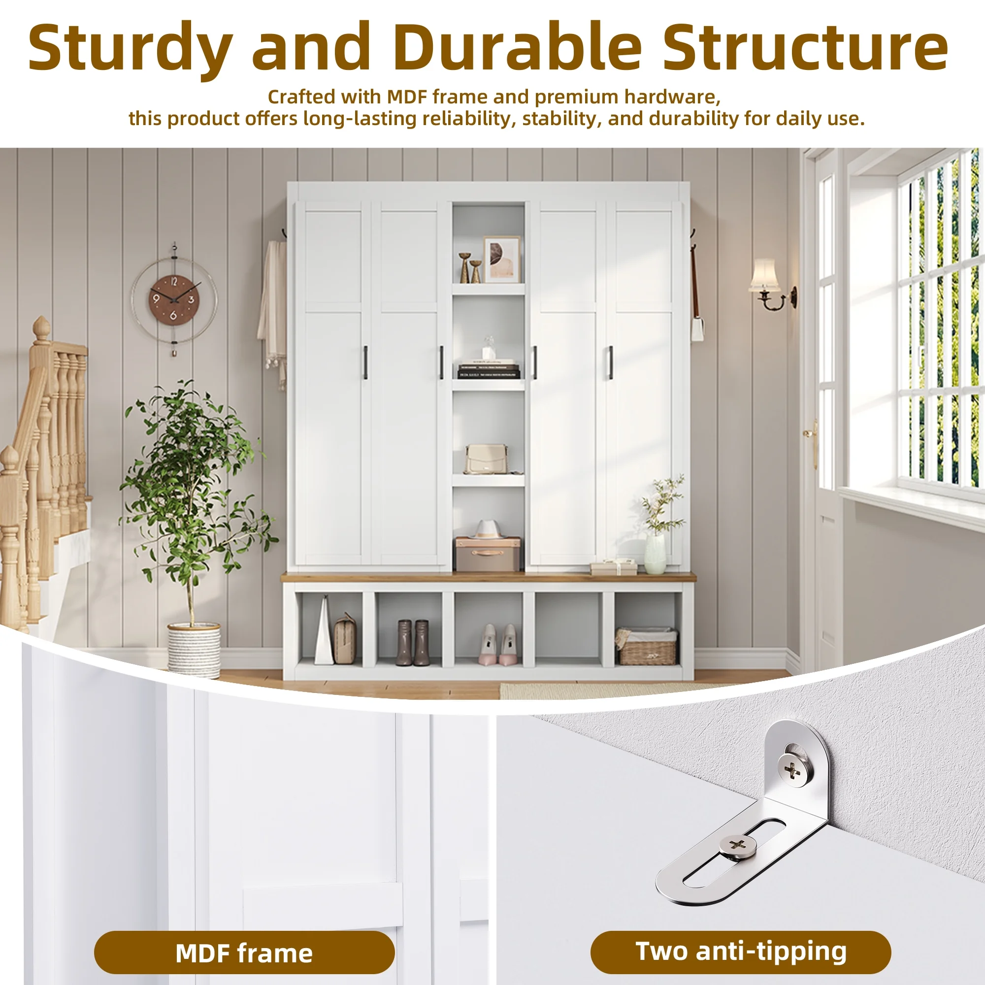 Euroco Modern Farmhouse Hall Tree -C 4-in-1 Entryway Bench with Cabinets, Hooks & Shoe Storage, Wood-Grain Finish, Handles, Anti-Tip Safety - Image 24