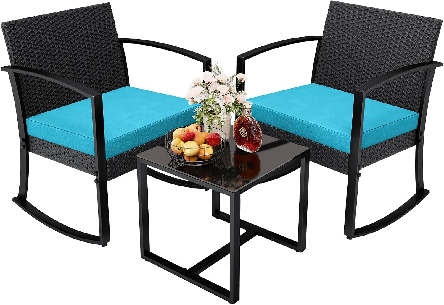 3 Pieces Outdoor Furniture Set, Patio Bistro Rocking Chairs with Glass Coffee Table for Pool, Beach, Backyard, Balcony, Porch, Deck, Garden, Black