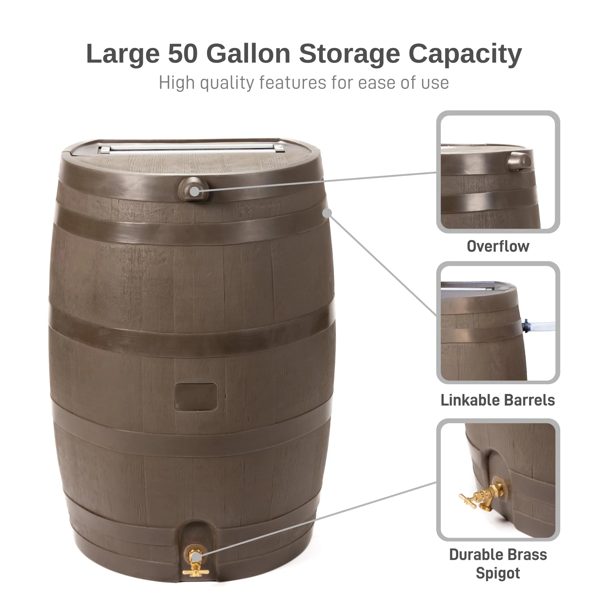 50 Gallon Rain Barrel with Brass Spigot, Walnut Rainwater Collection Barrel for Garden and Outdoor Use - Image 5