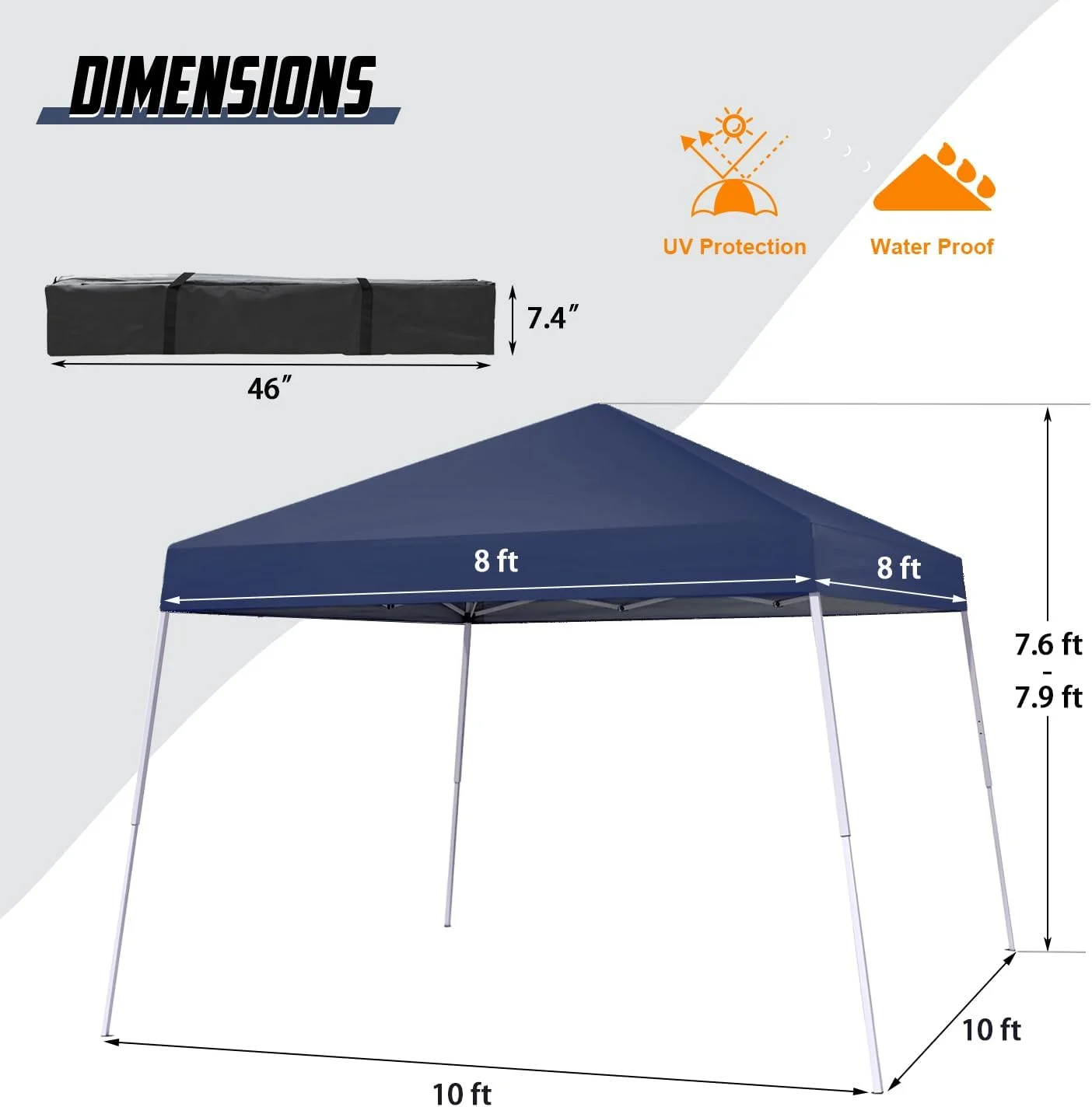 Canopy Tent, 10X10 FT Pop Up Canopy Outdoor Instant Tent Slant Legs with Carrying Bag, Portable Gazebo Shelter for Patio Deck Garden and Beach - 8X8 FT Canopy Cover (Dark Blue) - Image 4