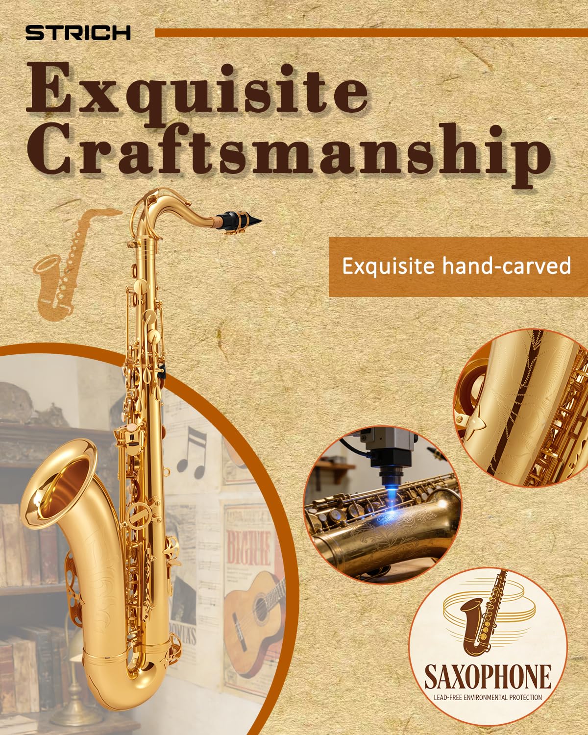 Bb Tenor Saxophone for Student Beginner, Brass Tenor Sax Kit with Hard Case Stand Neck Strap Mouthpiece and Reeds for Band School, STS-130G, Gold - Image 4