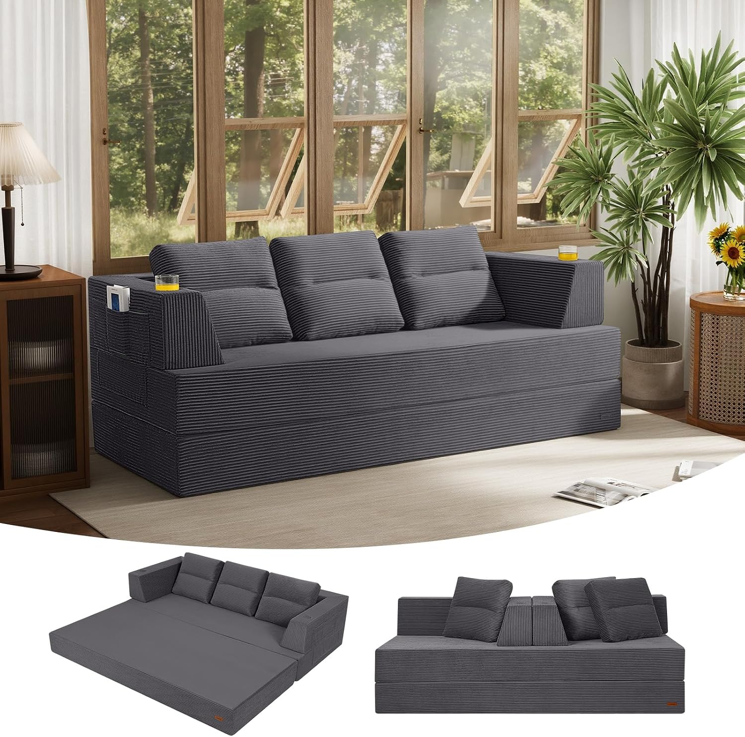 Convertible Futon Sofa Bed, 59" Folding Boneless Loveseat Small Couch - Image 7