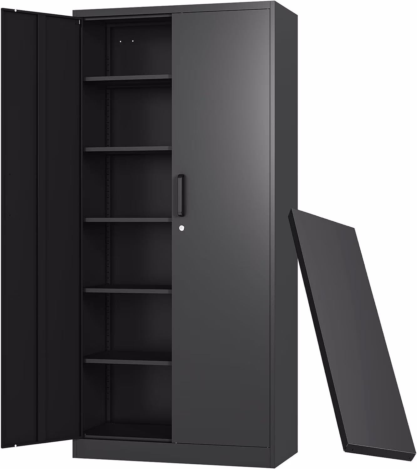 CQAOE 71" Metal Storage Cabinet with Lock, 5 Adjustable Shelves and 2 Doors, Steel Utility Cabinet for Garage, Office, Home, Gym, or School - Black
