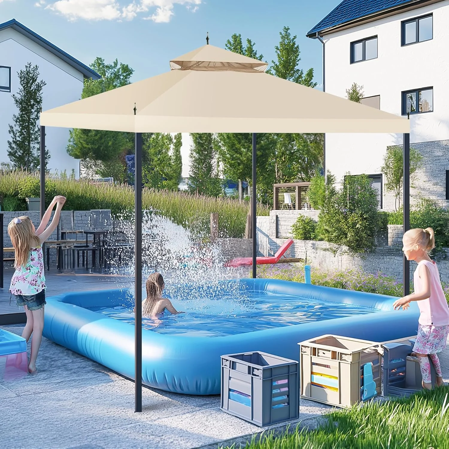 10x10Ft Canopy Top Replacement PU Water Resistance Arrow Gazebo Dual Tier Outdoor Patio Canopy Cover Party Backyard Garden Beige - Image 2