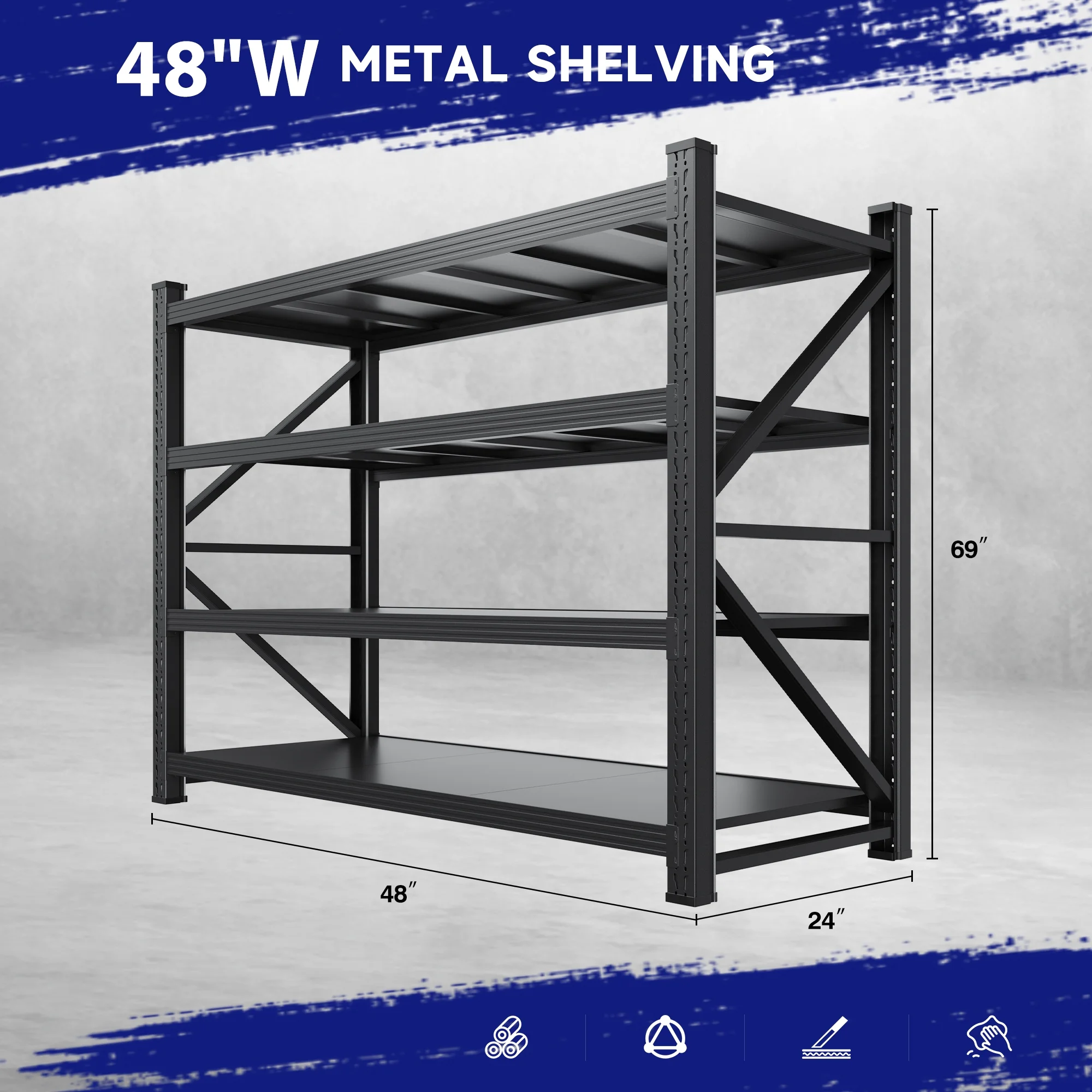 AUHUP 4-Tier Garage Storage Shelves 2400LBS Heavy Duty Metal Shelving 48" W Shelving Unit for Warehouse,Basement Industrial,Home Utility Rack Shelf, Black - Image 2