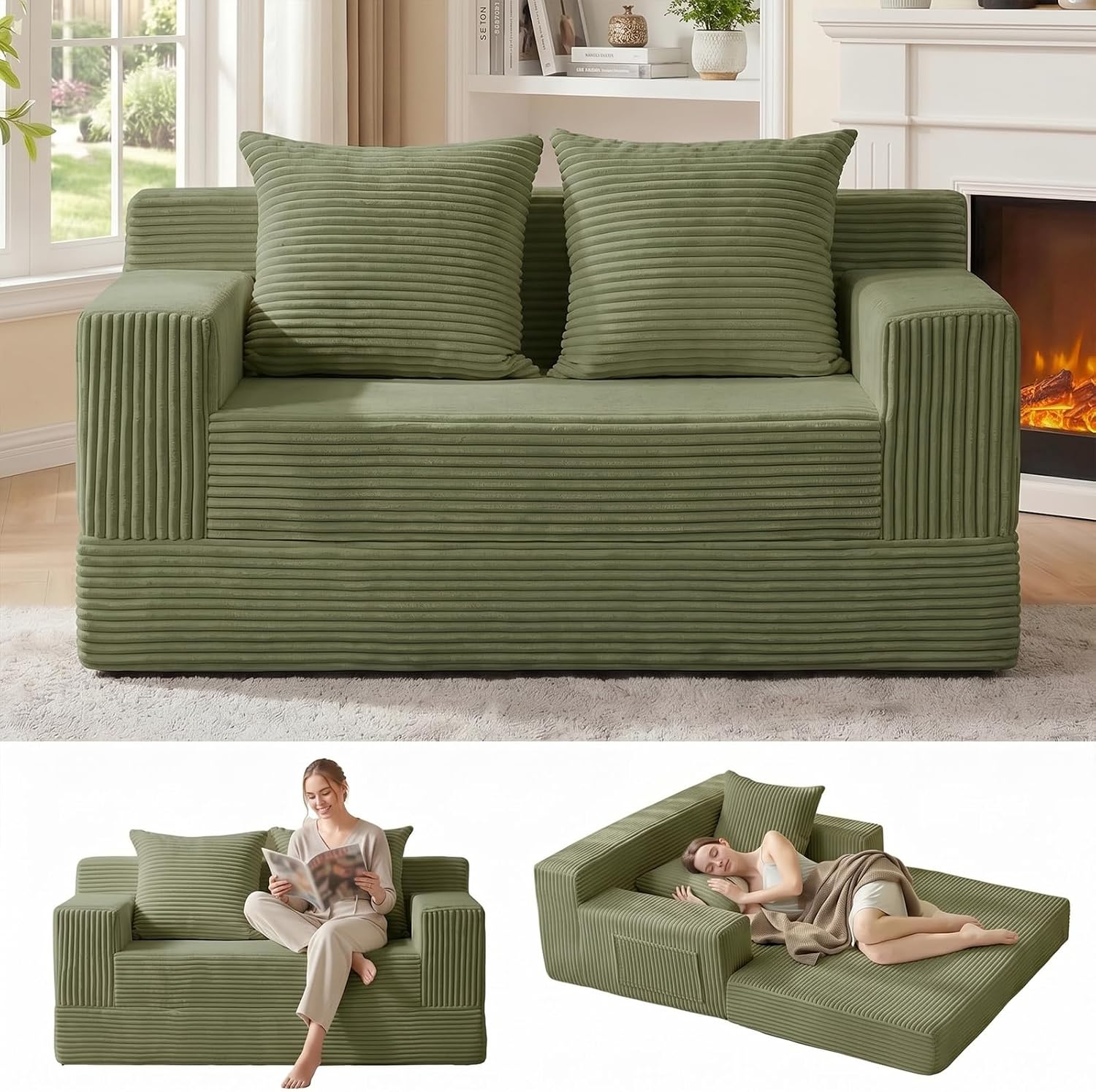 Convertible Sofa Bed, Loveseat Folding Floor Futon Sleeper Sofa Couch Bed- Boneless Foldable Couch, Corduroy Pull Out Sofa Bed with 2 Pillows for Living Room & Bedroom - Image 6