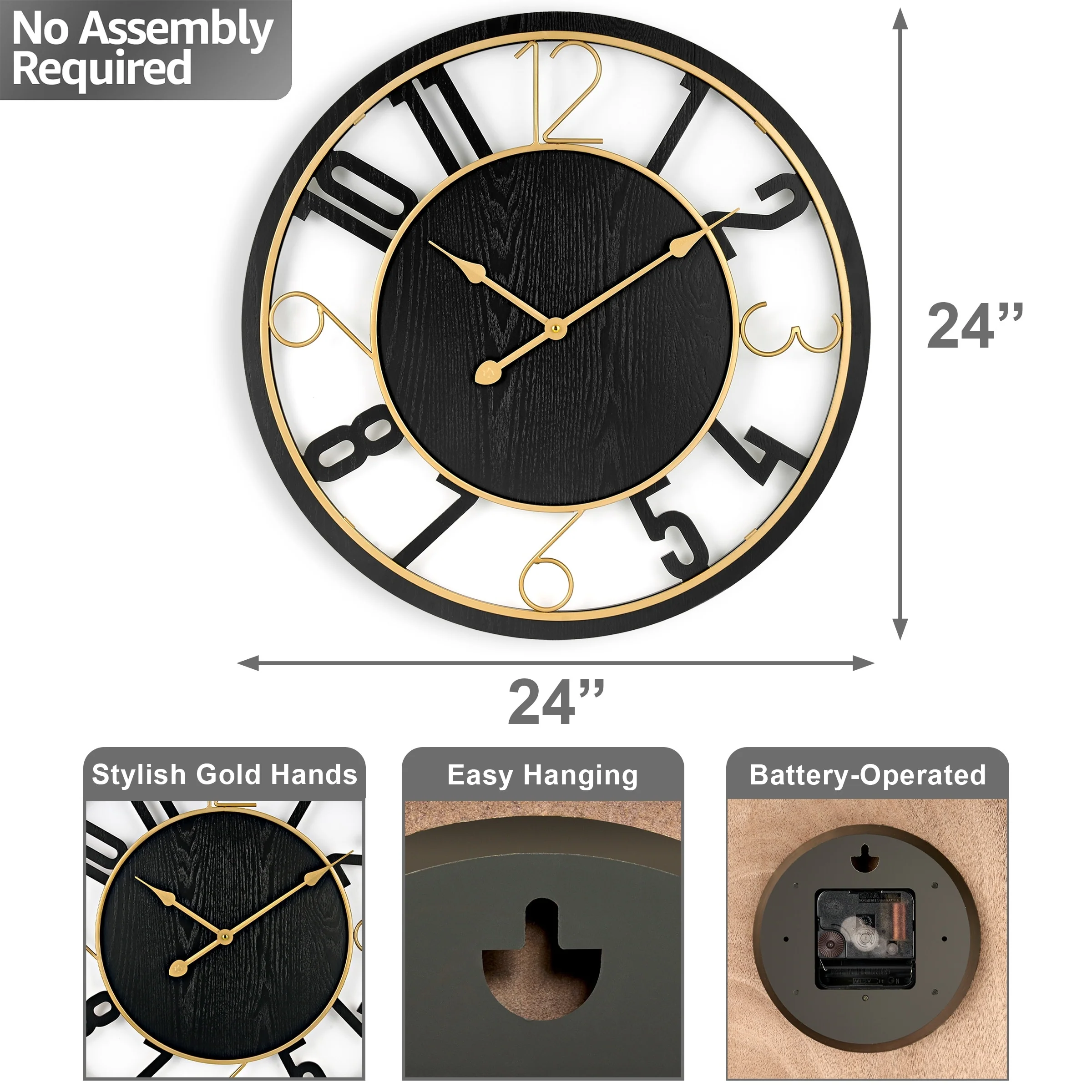 24 Inch Round Wooden Wall Clock, Modern Analog Clock with Numeral Design, Battery Operated - Image 2