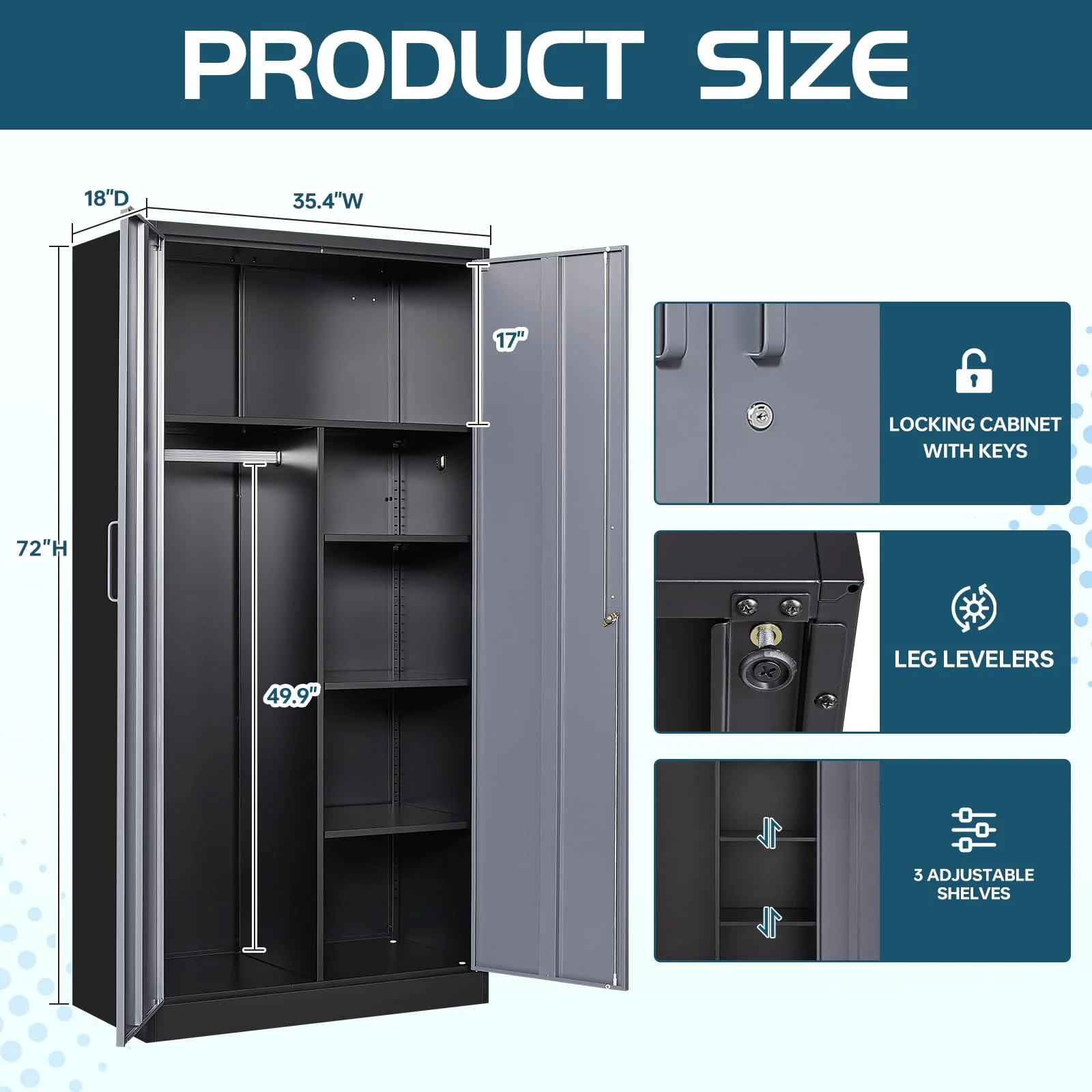 MIIIKO 71" Metal Storage Locker Metal Garage Locker Cabinets with Locking Door and 4 Adjustable Shelves, Steel Classic Storage Cabinet for Home, School, Office, Garage - Image 18