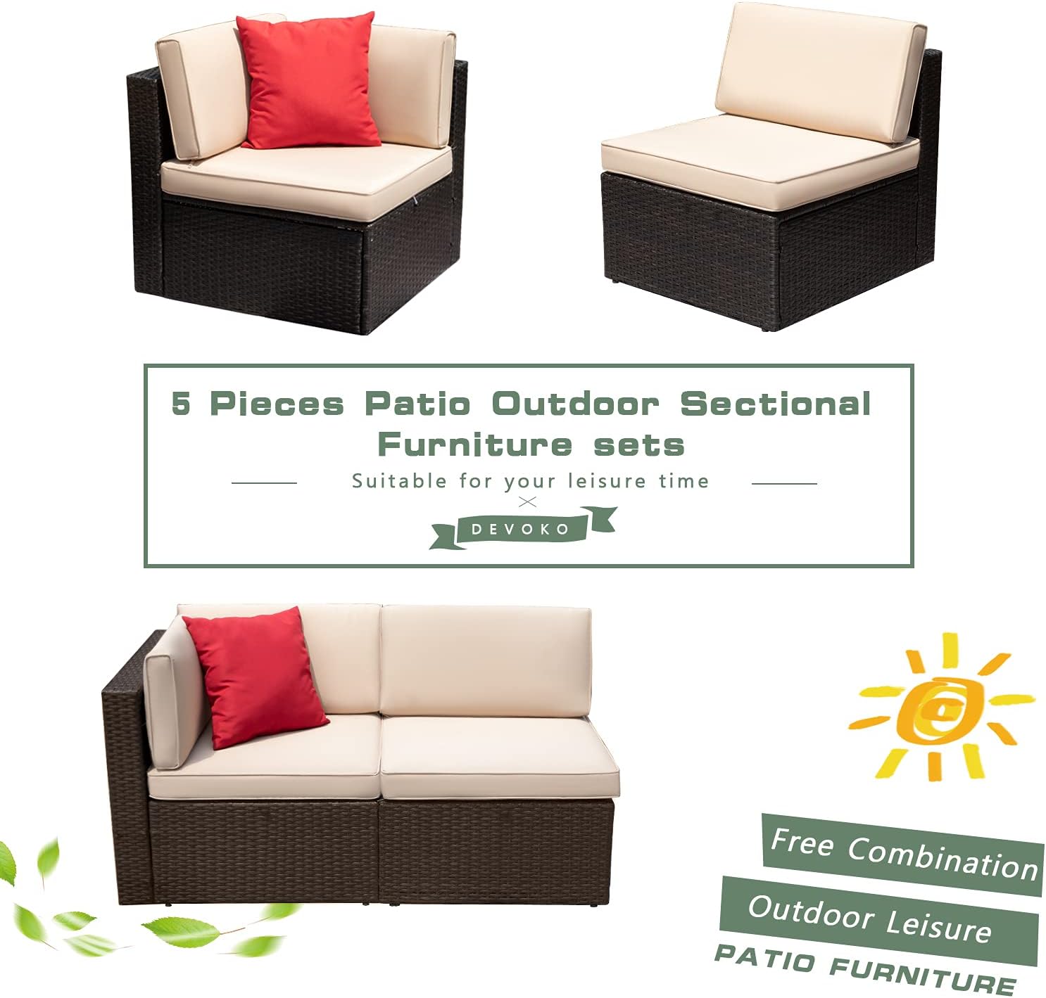 5-Piece All-Weather Patio Furniture Set with Cushions, Outdoor Wicker Conversation Sofa Set for Garden, Deck & Backyard - Image 28