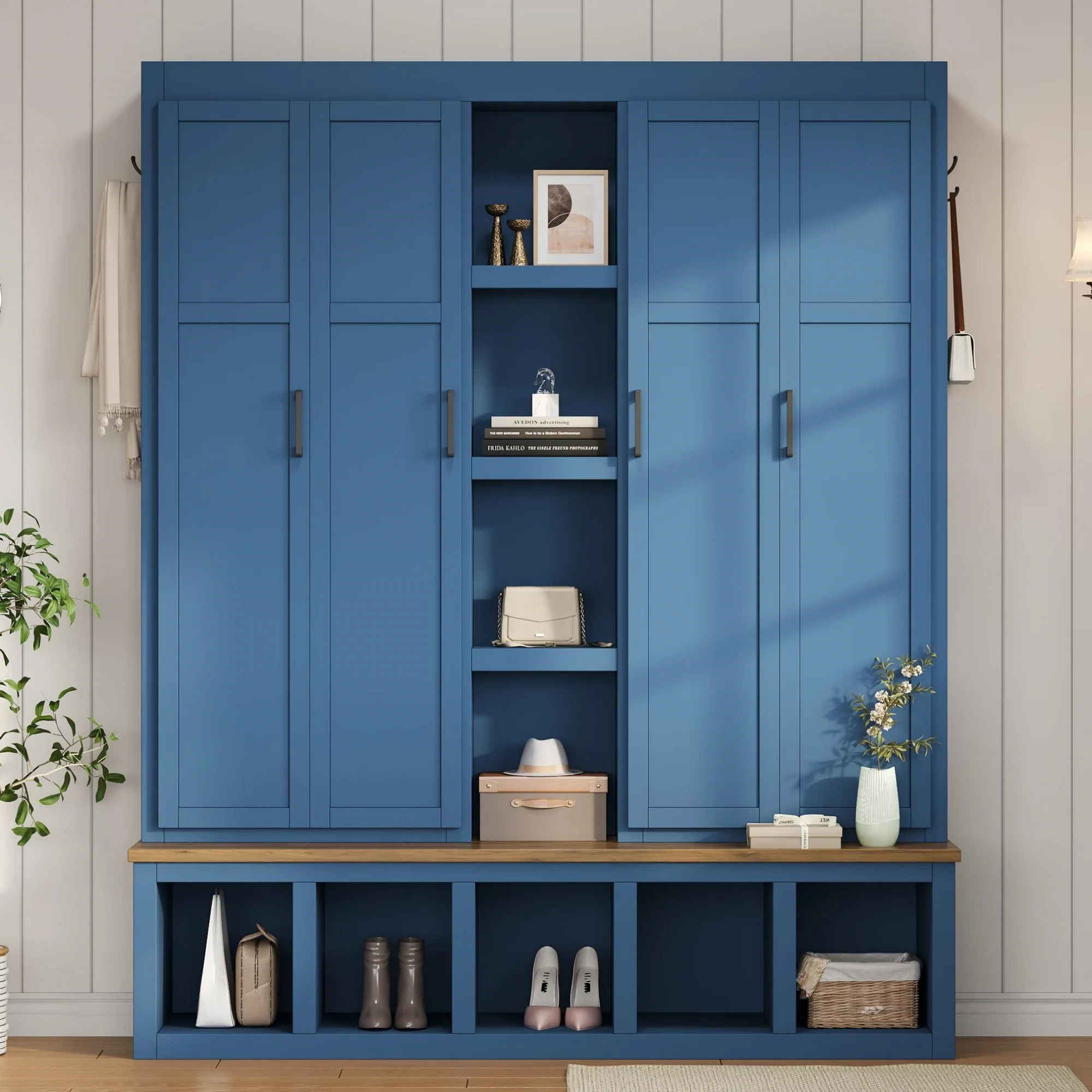Euroco Modern Farmhouse Hall Tree -C 4-in-1 Entryway Bench with Cabinets, Hooks & Shoe Storage, Wood-Grain Finish, Handles, Anti-Tip Safety - Image 12