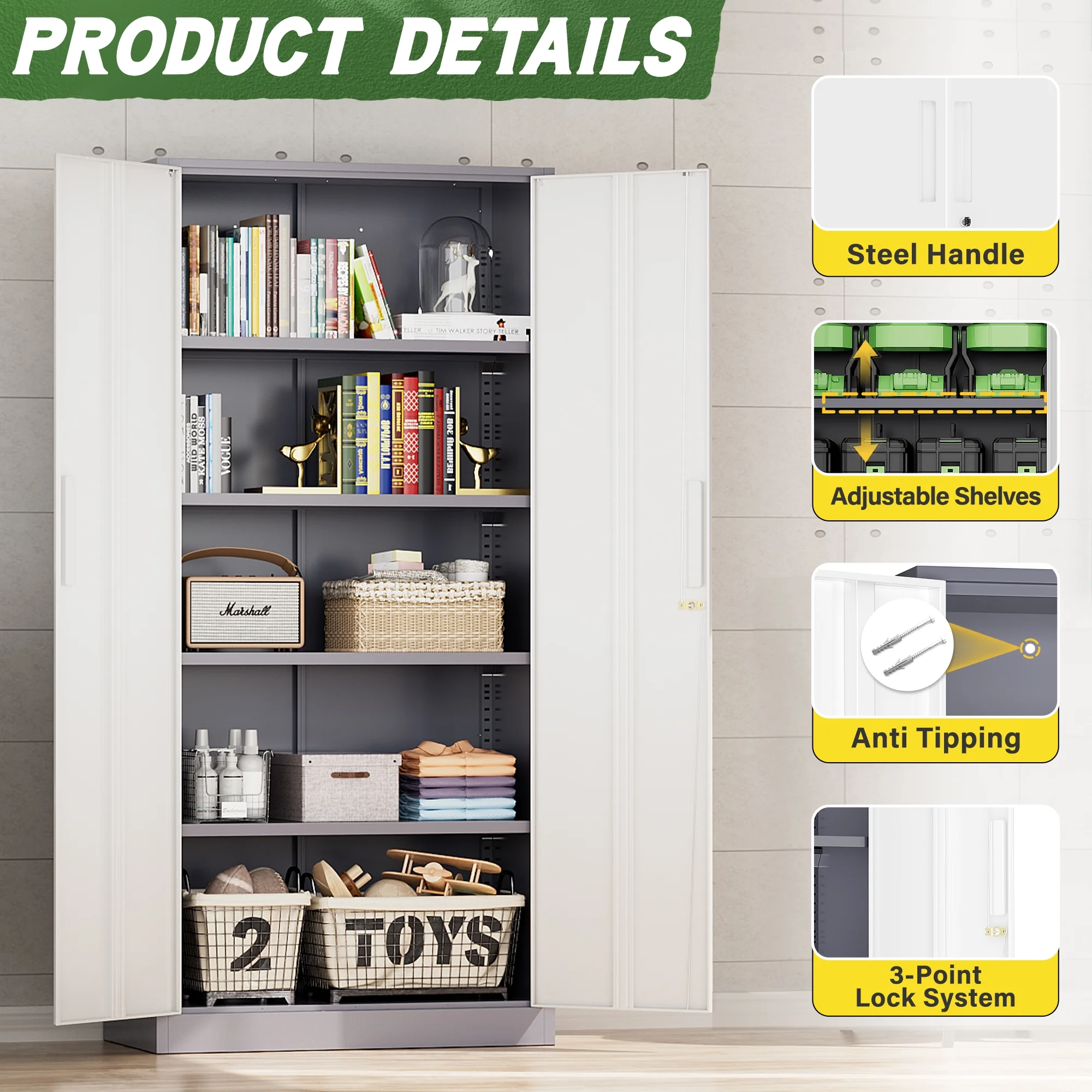 SOLAURA Metal Storage Cabinet with Wheels, 73" Garage Rolling Cabinet with Locking Door and 4 Shelves, Tool Cabinet on Caster for Home, Office, Black - Image 99
