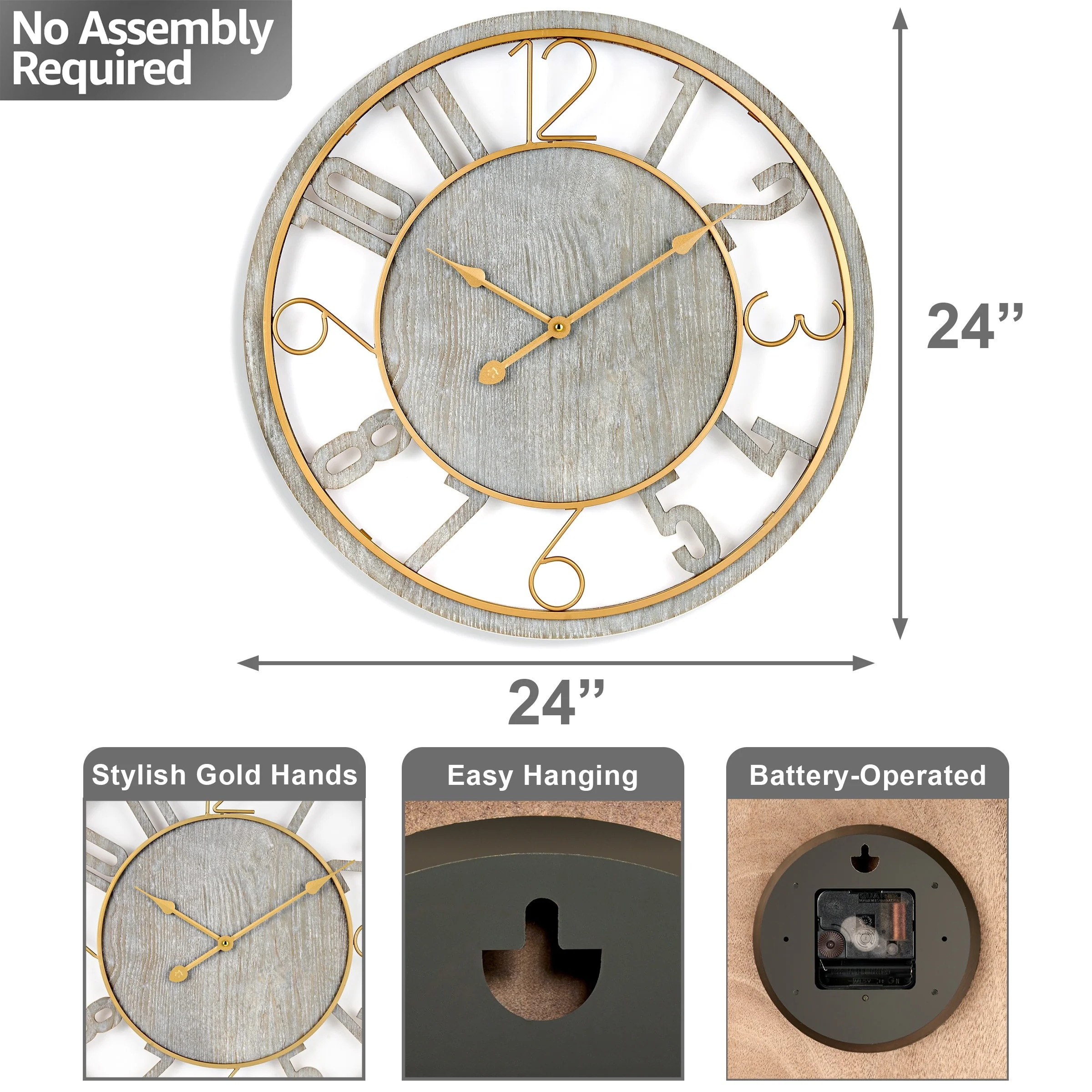 24 Inch Round Wooden Wall Clock, Modern Analog Clock with Numeral Design, Battery Operated - Image 17