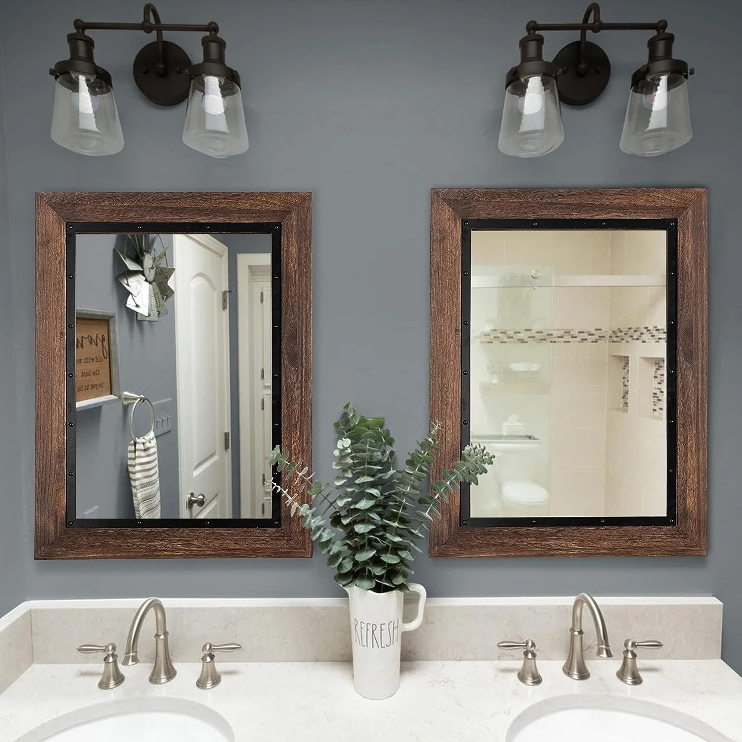 Rustic Wood and Iron Framed Bathroom Vanity Mirror, Wall Mounted Farmhouse Mirror for Bathroom and Bedroom - Image 9