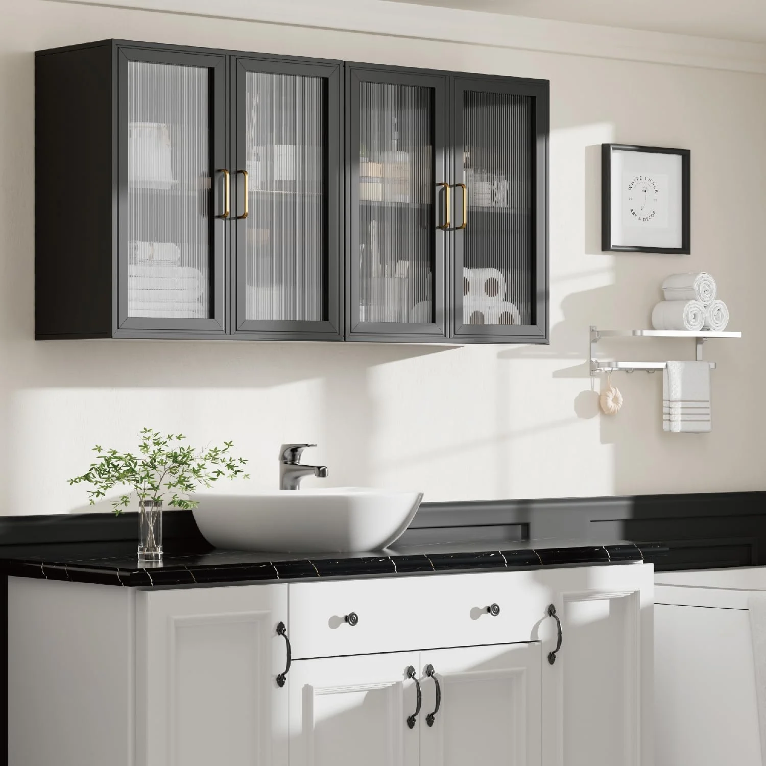 Wall Storage Cabinets - Led Upper Kitchen Laundry Wall Mounted Cabinets with Acrylic Glass 3 Doors and Shelves, 36'Wide - Image 8