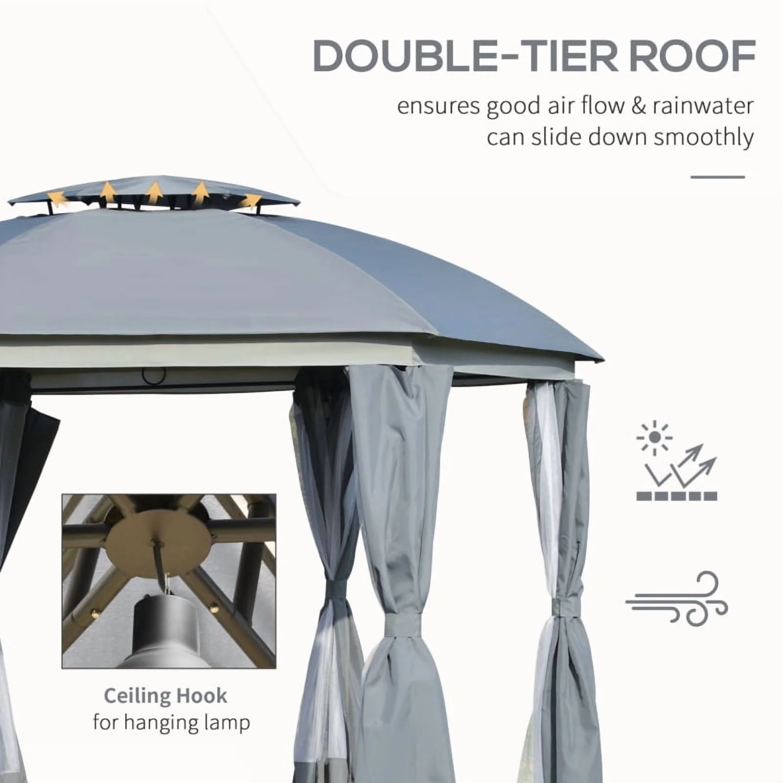 Outsunny 12' x 12' Round Outdoor Gazebo, Patio Dome Gazebo Canopy Shelter with Double Roof, Netting Sidewalls and Curtains, Zippered Doors, Strong Steel Frame, Grey On-Site - Image 5