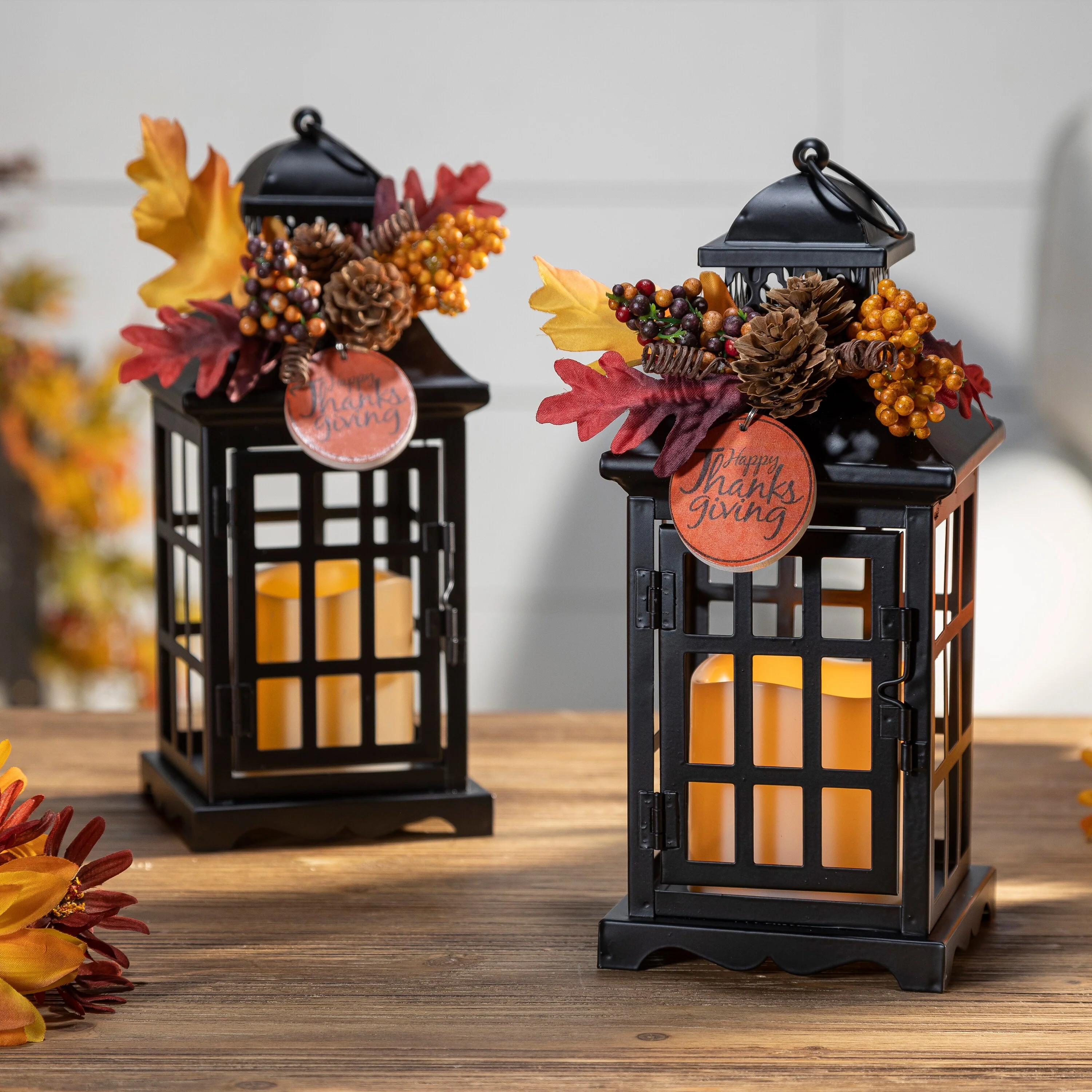Set of 2 Autumn Lanterns with Fall Floral Accents, Decorative Seasonal Lanterns for Home, Porch and Table Decor - Image 3