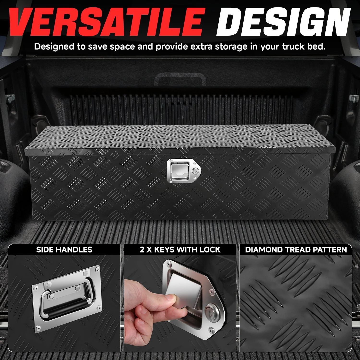 DNA Motoring 39"x13.4"x10" Aluminum Tool Box Pickup Truck Bed RV Trailer Storage w/Lock & Key Black - Image 2
