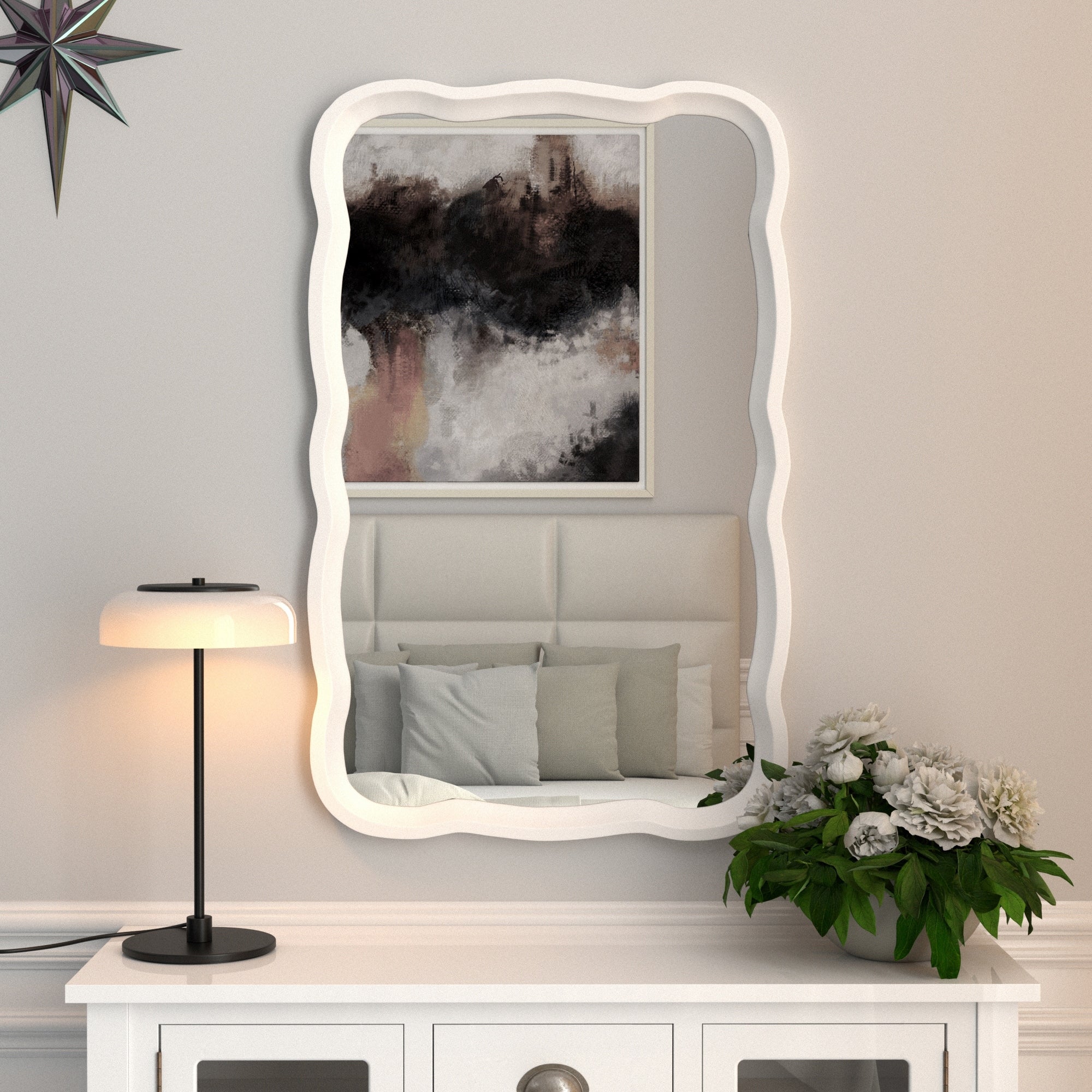 Curved Scallop Wood Frame Accent Mirror, Modern Decorative Wall Mirror for Living Room, Bedroom and Entryway - Image 23