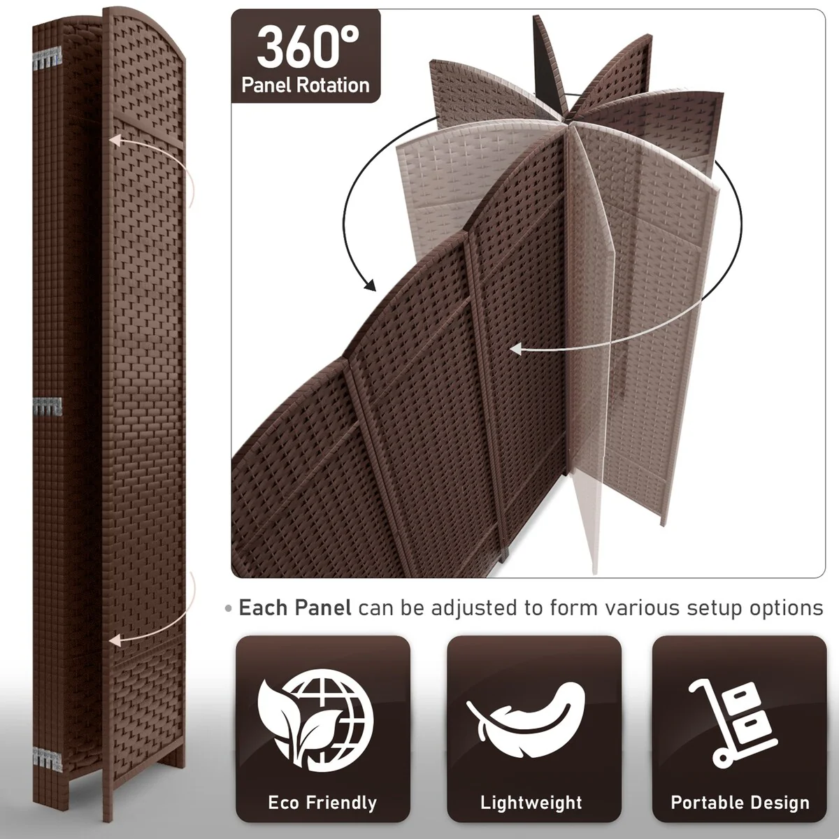 6 Panel Room Divider, 6ft Tall Extra Wide Folding Privacy Screen with Hand-Woven Mesh Panels - Image 34
