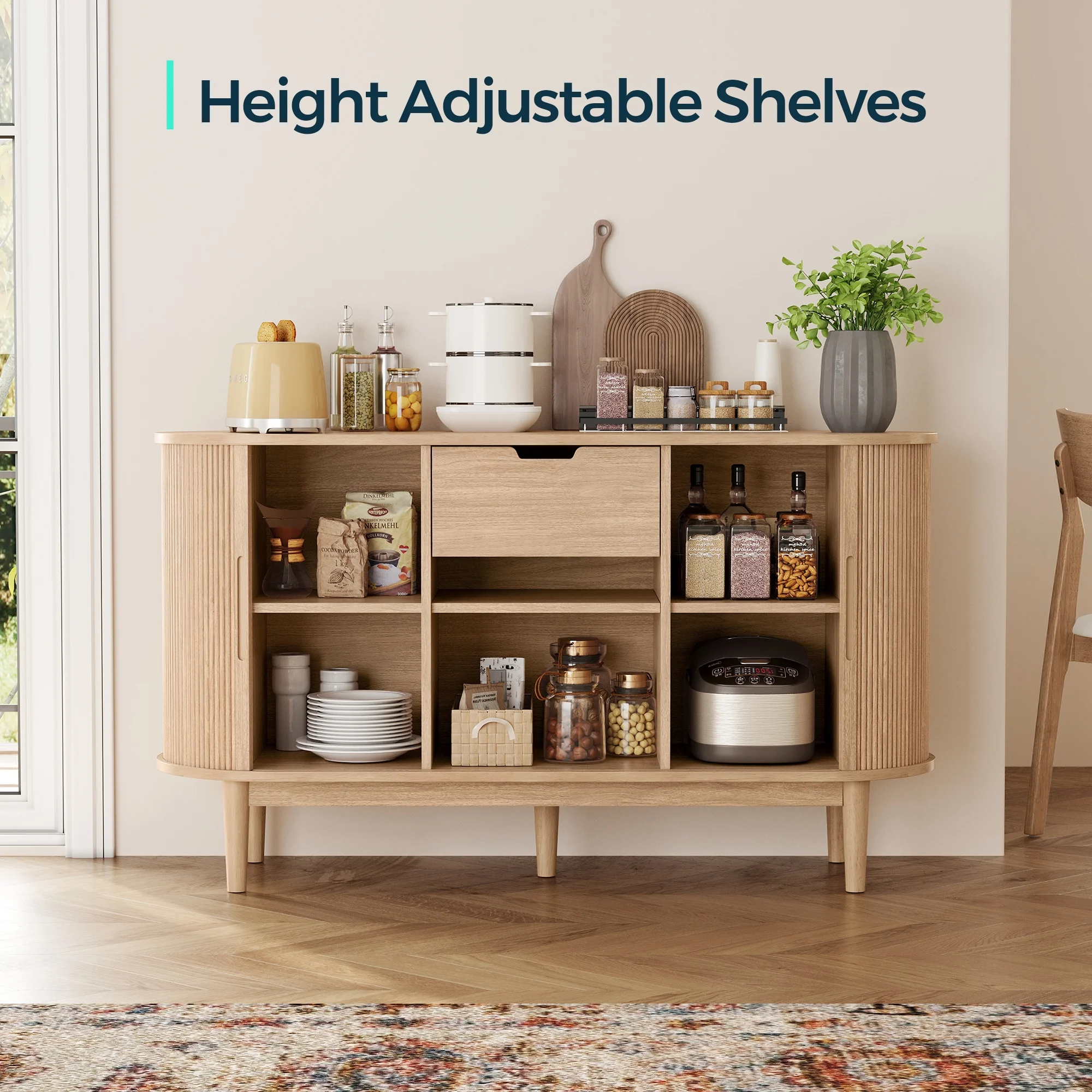 LINSY HOME Fluted Pantry Storage Cabinet, Kitchen Cabinets with Sliding Tambour Door, Wide Storage Cabinet with Removable & Adjustable Shelves for Dining Room, Living Room, Bathroom, Oak - Image 9