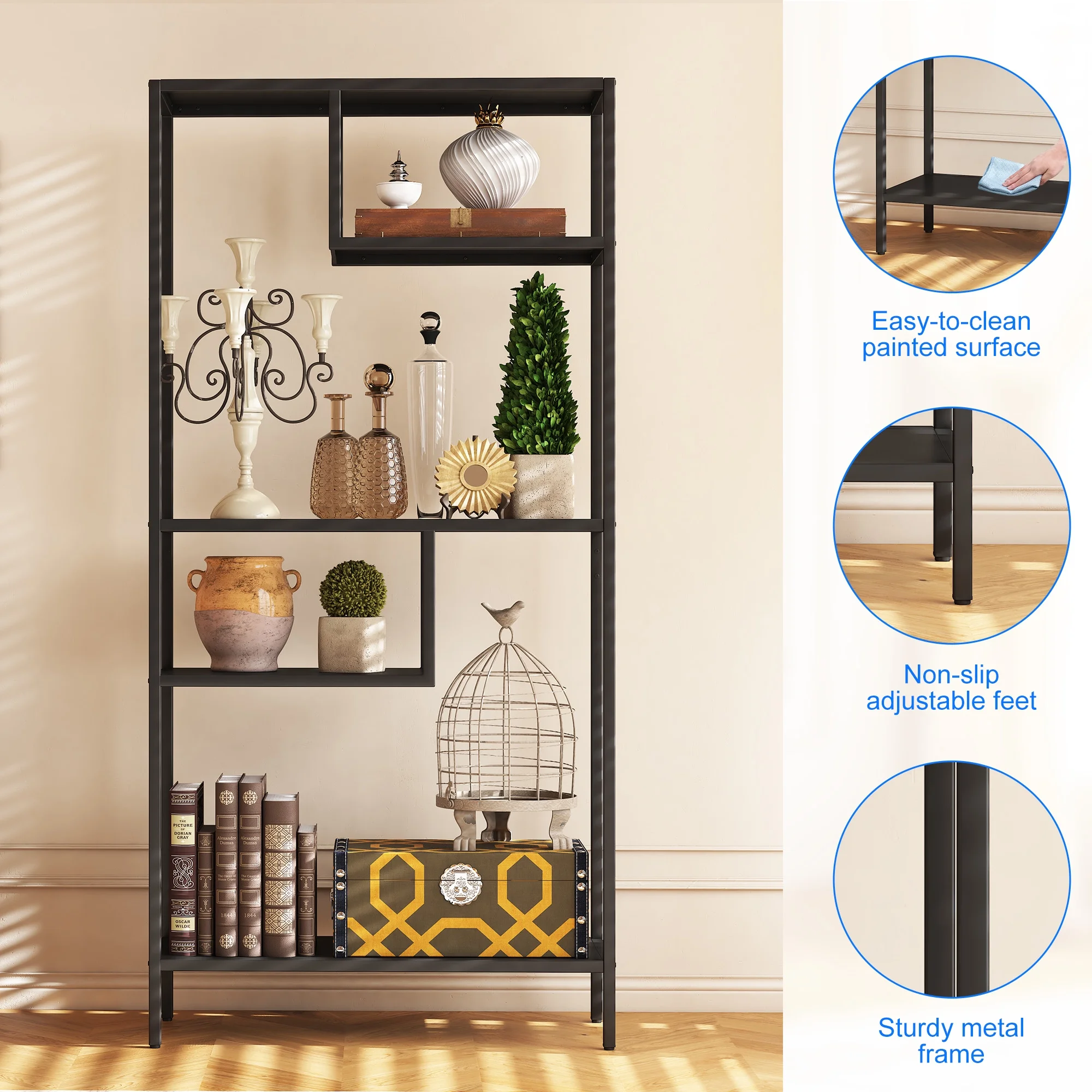 Modern Storage Shelf with 4 Compartments & Metal Legs, Freestanding Organizer,Book Shelves Display Shelves for Living Room, Bedroom, Home Office - Image 5