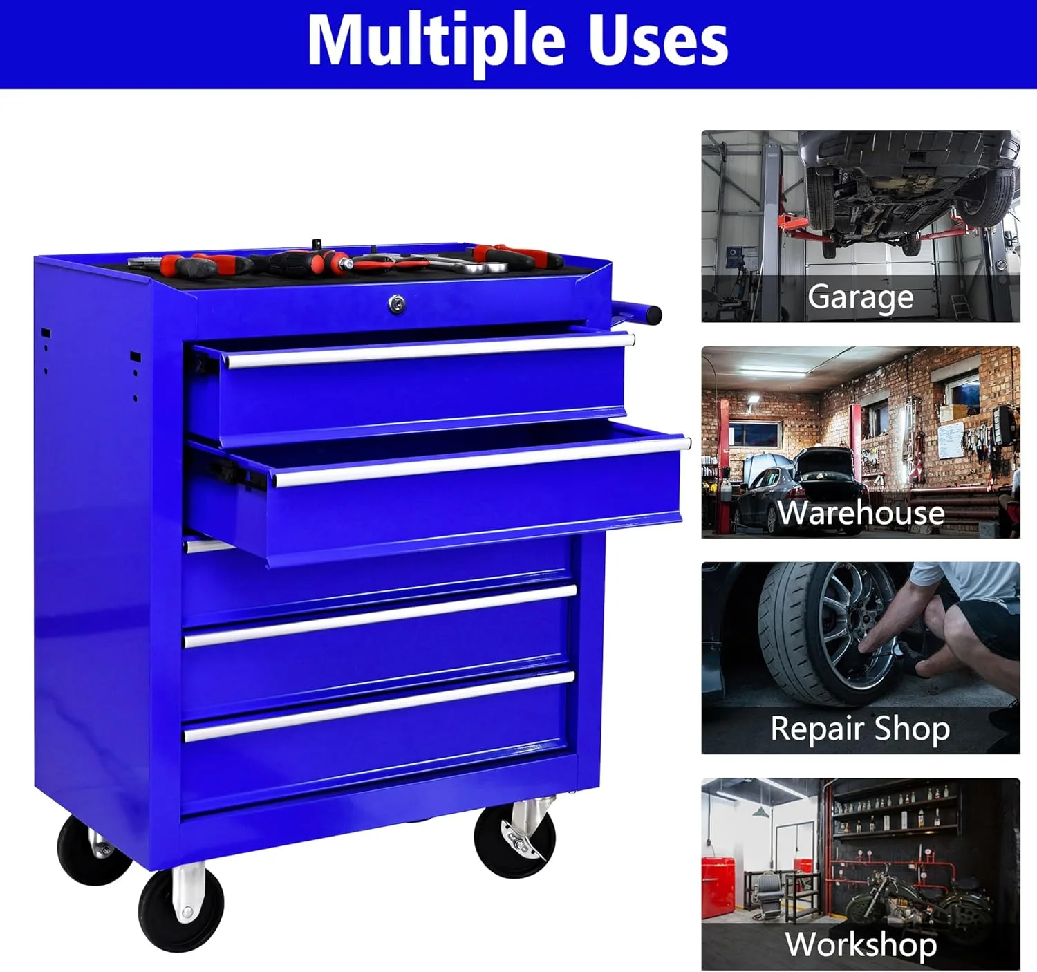 DSstyles Tool Chests, 5-Drawer Rolling Tool Storage Cabinet with Detachable Tray, Multi-Functional Handles, Adjustable Shelves, Secure Locking System, Heavy-Duty Wheels, Ideal for Garage, Workshop - Image 10