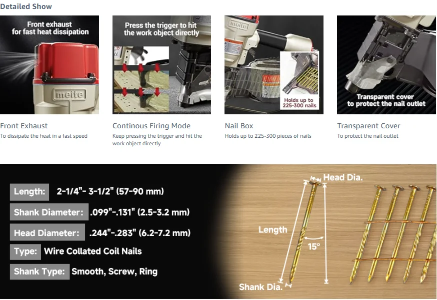 MEITE CN90 Industrial Coil Siding Nailer 15 Degree 2-1/4" to 3-1/2" Pneumatic Coil Nail Gun with Aluminum Housing - Image 8