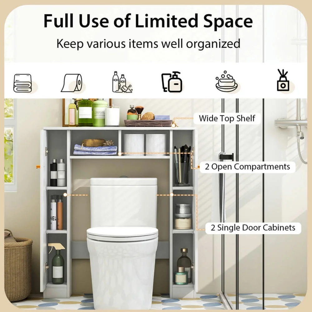 Topcobe Over The Toilet Storage Cabinet with 2 Open Compartments and 4 Adjustable Shelves, Bathroom Furniture, Bathroom Shelves, White - Image 6