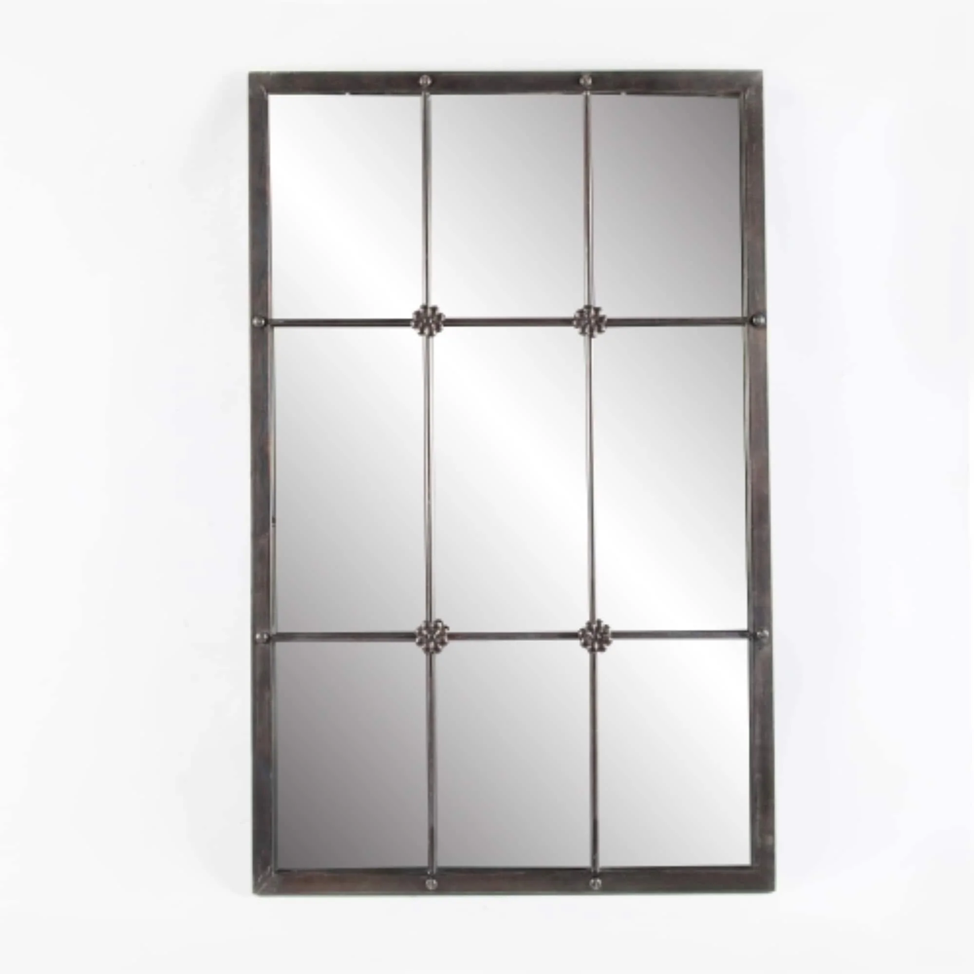 Rustic Brown Windowpane Wall Mirror with Metal Frame, 37.75" H x 23.8" W - Image 3