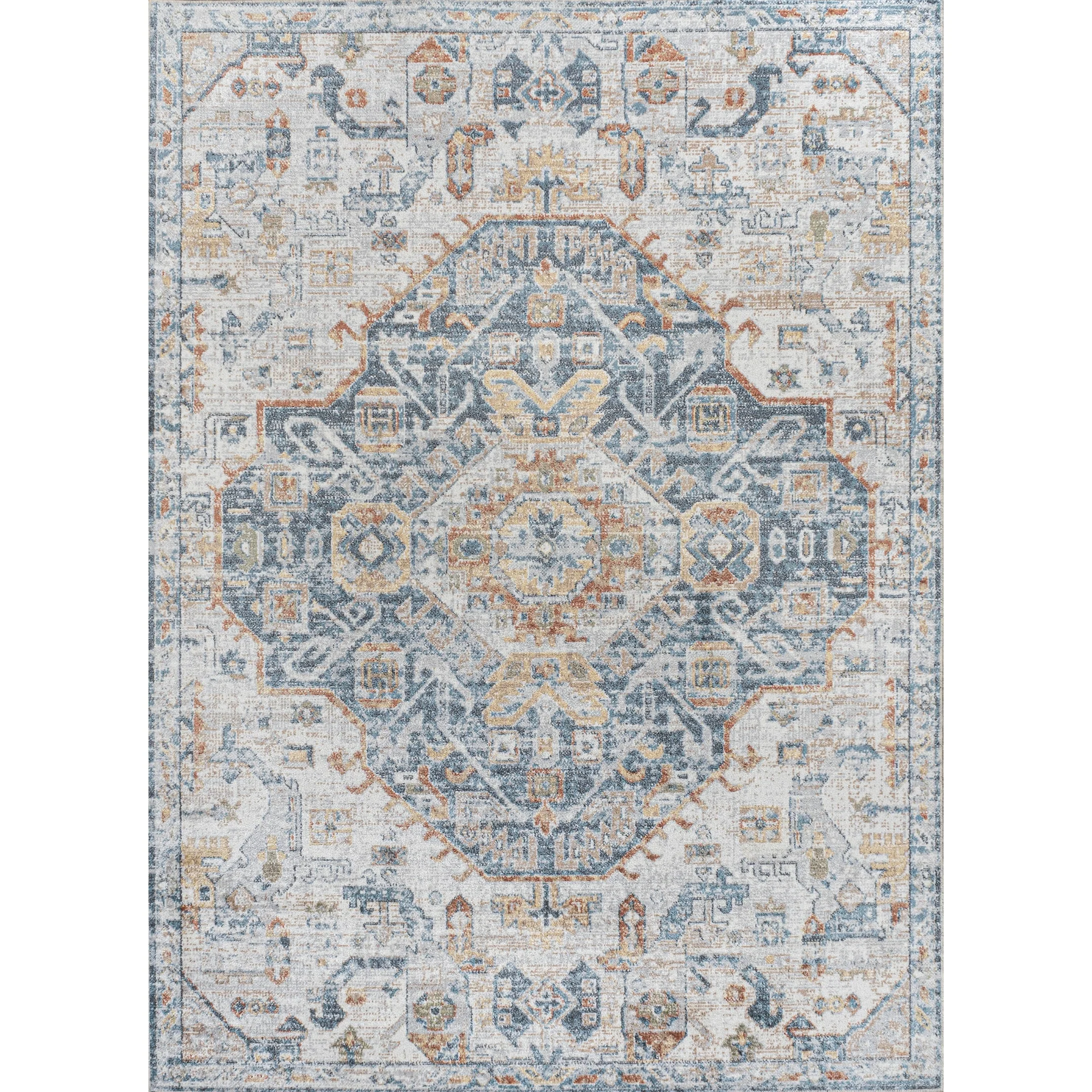 Bohemian Medallion Low-Pile Machine-Washable Area Rug, Cream and Terra - Image 7