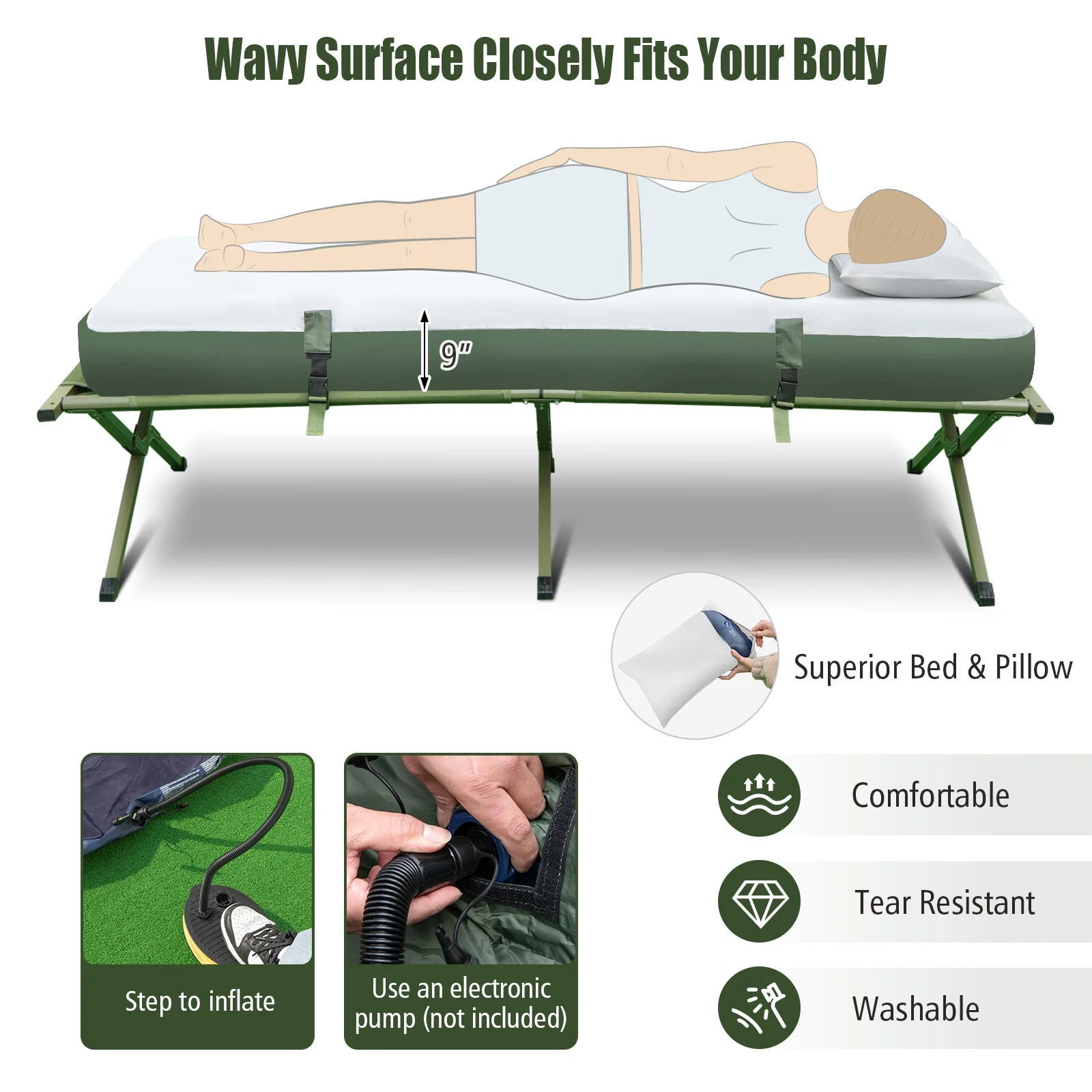 Patiojoy 1-Person Folding Camping Tent Cot Portable Pop-Up Tent w/Sleeping Bag & Air Mattress for Outdoor - Image 7