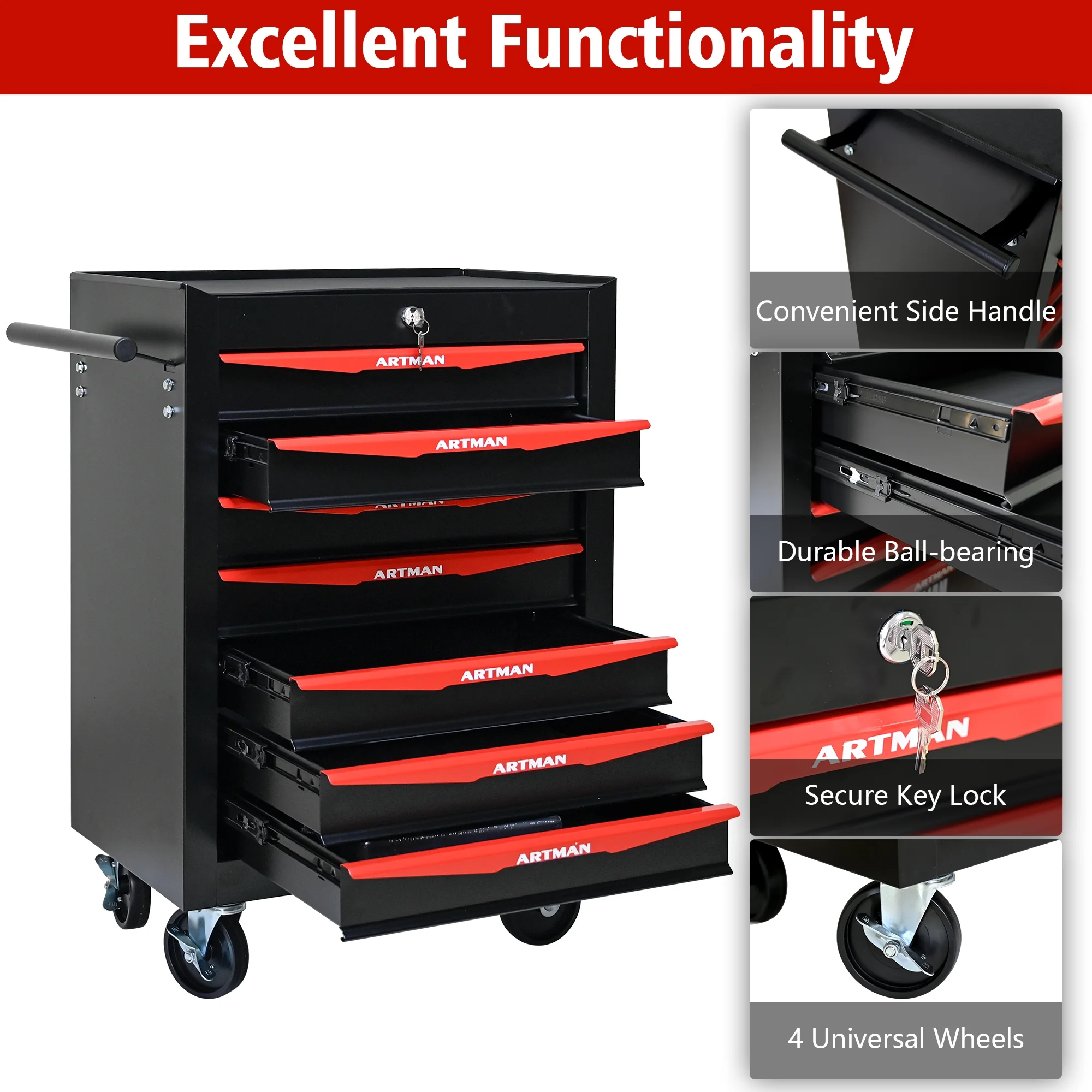 Tool Cabinets Rolling Metal Tool Chest with 7 Drawers, 20" 7-Drawer Tool Chest Cabinet with Ball Bearing Drawer Slides, Steel Tool Storage Box Organizer -BLACK&RED,Garage Tool Cabinets - Image 5