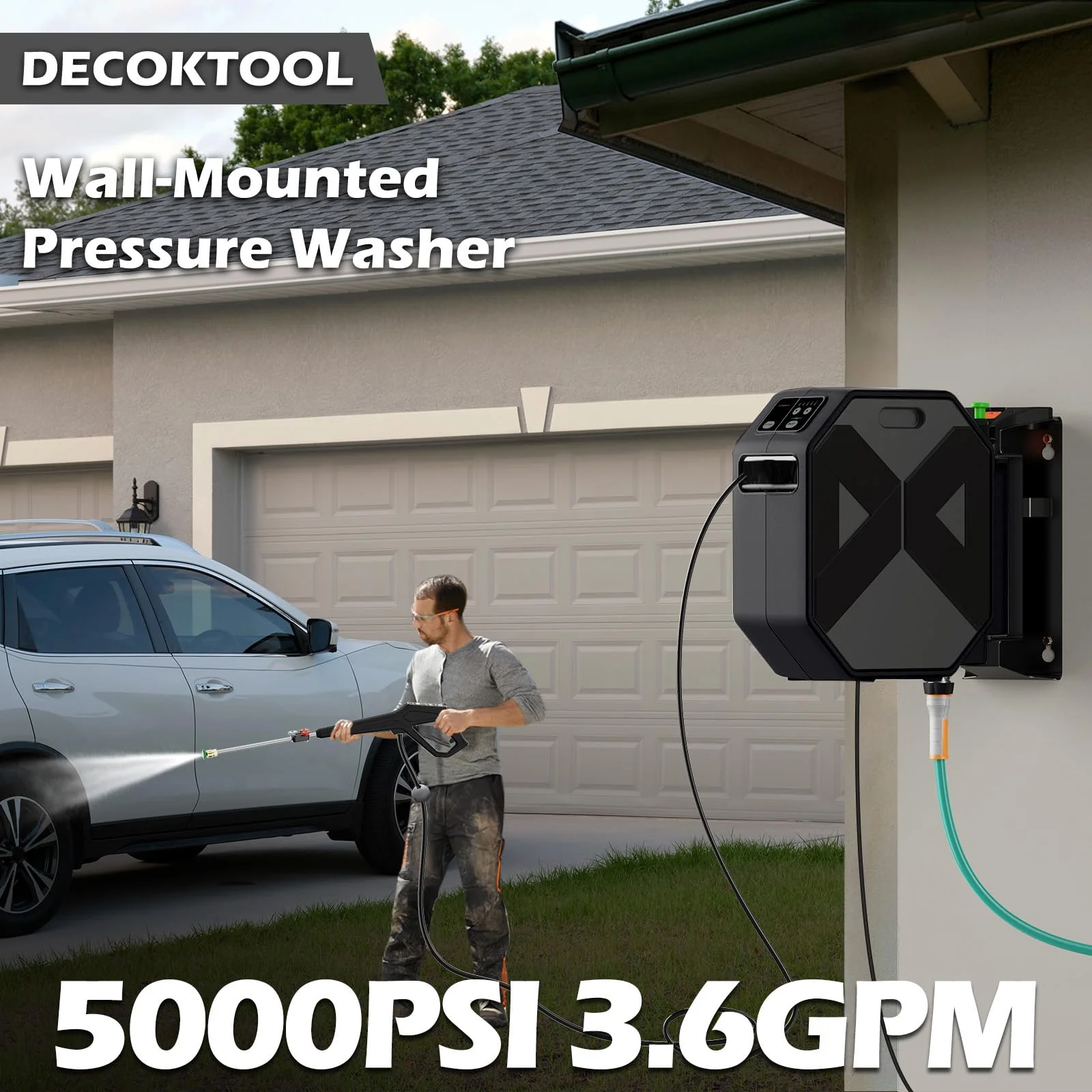 Wall Mounted Pressure Washer - 5000 PSI, 3.6 GPM Electric Power Washer with 100FT Retractable Hose, 5-Stage Adjustable Pressure, Foam Cannon & 5 Nozzles for Car, Lane, Patio Cleaning, Black - Image 2
