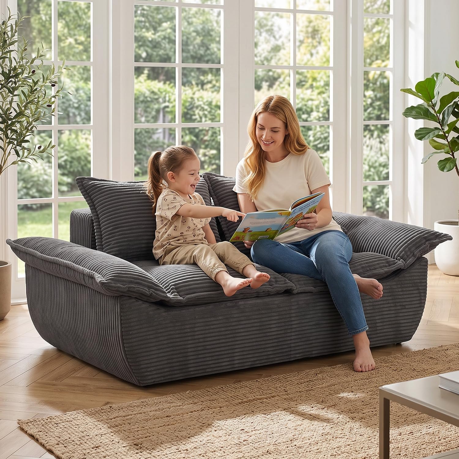 56" Boneless Loveseat, 2-Seater Black Boneless Sofa with Removable Cushions & 2 Pillows, Small Mini Couch Boneless Foam Sofa for Living Room, Apartments, & Office - Image 3
