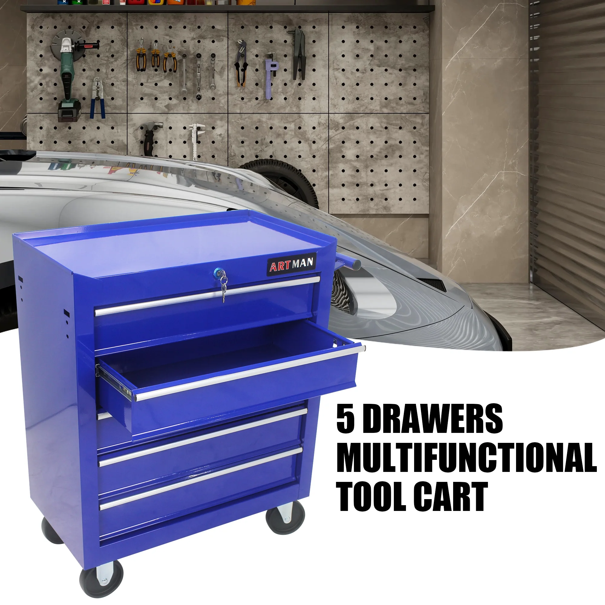 NIGSQJB 5 Large Drawers Tool Cart on Wheels, 29.9"H Rolling Tool Chest Tool Storage Box, Drawers Rolling Tool Trolley Organizer Tool Case for Garage, Warehouse, Workshop and Repair Shop, Blue - Image 13