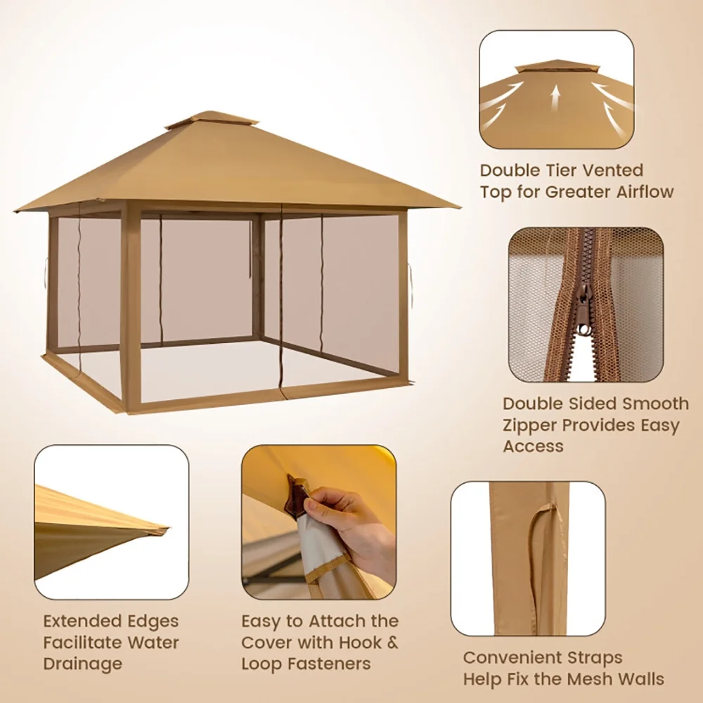 Yardi Yard 13 x 13 Feet Pop-up Instant Canopy Tent with Mesh Sidewall-Coffee, Roof Hardtop Galvanized Steel Top Canopy, Patio Heavy Duty Gazebo for Deck, Backyard - Image 4