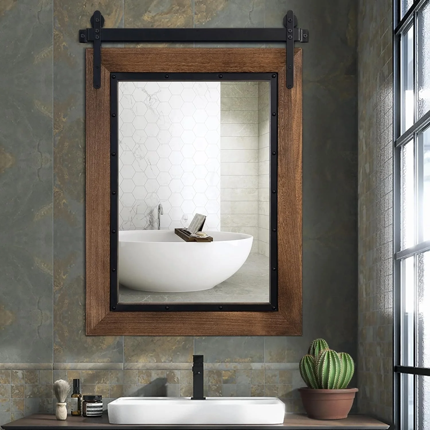 Farmhouse Barn Door Style Bathroom Vanity Mirror, Natural Wood Wall Mirror for Bathroom, Bedroom and Entryway - Image 4