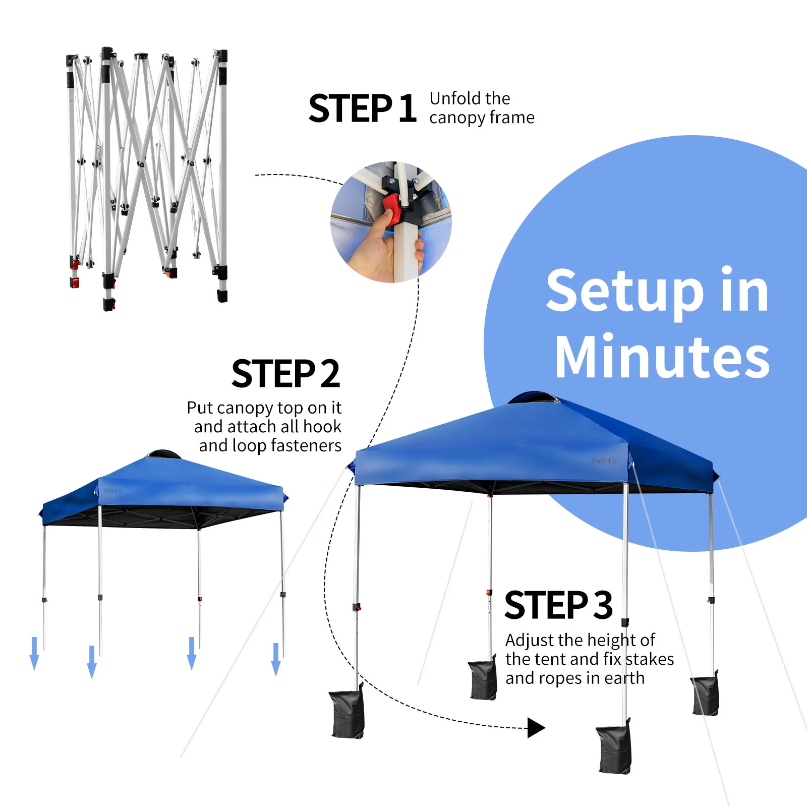 Patiojoy 6.6-?x 6.6-?Pop-up Canopy Tent Outdoor Camping Sun Shelter w/ Portable Roller Bag & 4 Weight Bags Blue - Image 11