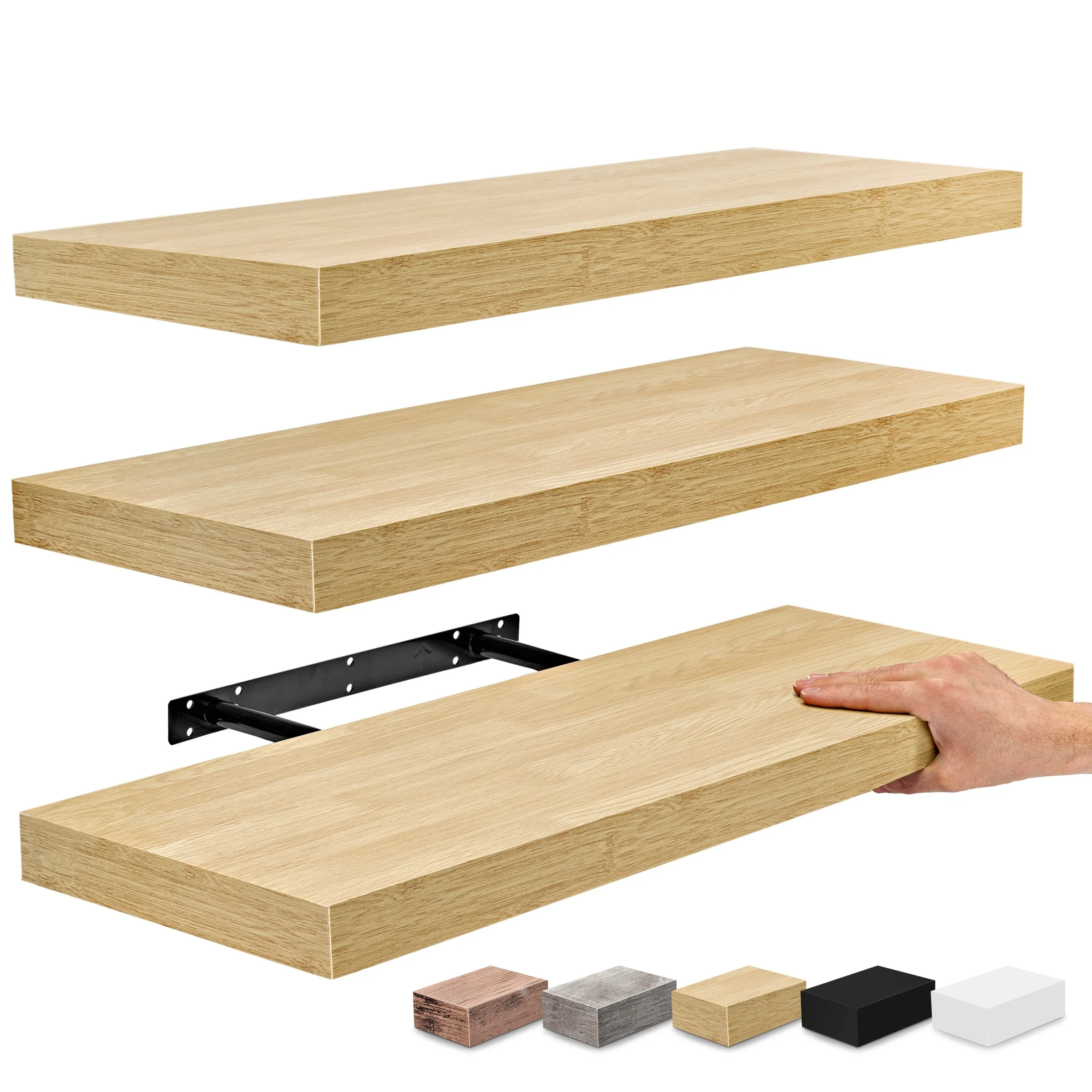 Set of 3 Floating Wood Wall Shelves, Wall Mounted Display and Storage Shelves with Invisible Brackets for Books and Home Decor - Image 3