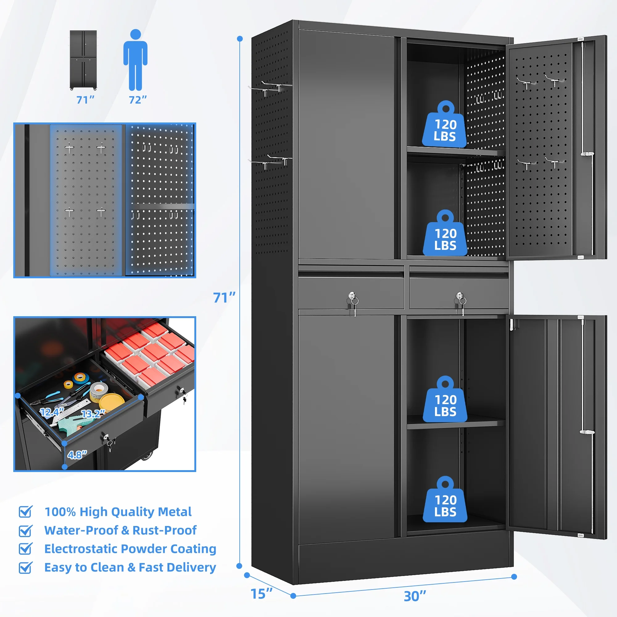 GAEANET 2 Door Metal Storage Cabinet with 5 Adjustable Shelves &Pegboard, 71" H-32" W-16" D Locking Steel Garage Cabinet, for Garage,Office,Home,Gym,School, File Cabinet,Assembly Required, Black - Image 30