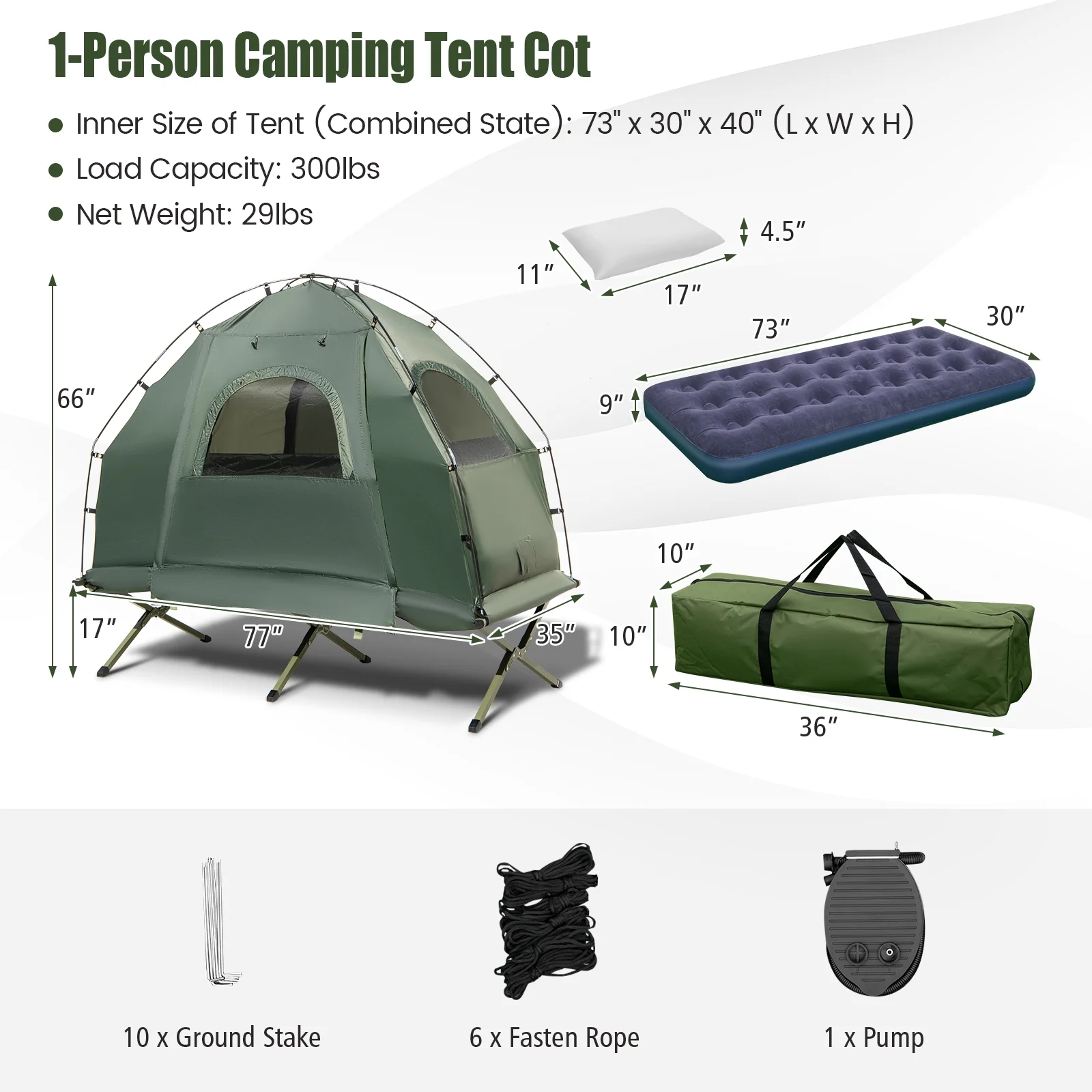 Patiojoy 1-Person Folding Camping Tent Cot Portable Pop-Up Tent w/Sleeping Bag & Air Mattress for Outdoor - Image 10