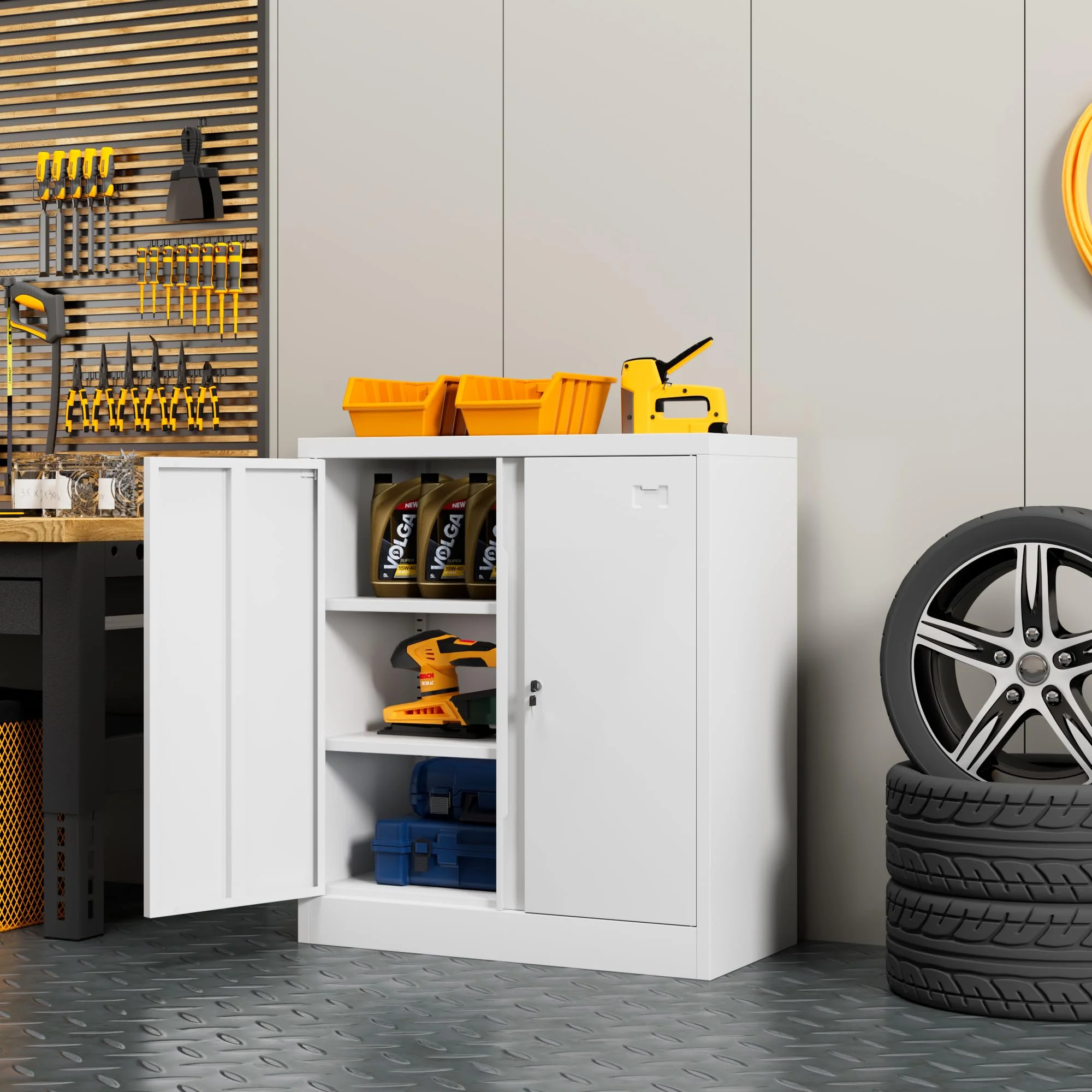 Metal Storage Cabinet, Metal Garage Storage Cabinet with 2 Doors and 2 Adjustable Shelves, Metal Cabinet Great for Garage, Home, Office, Warehouse (White, 36 inch) - Image 7